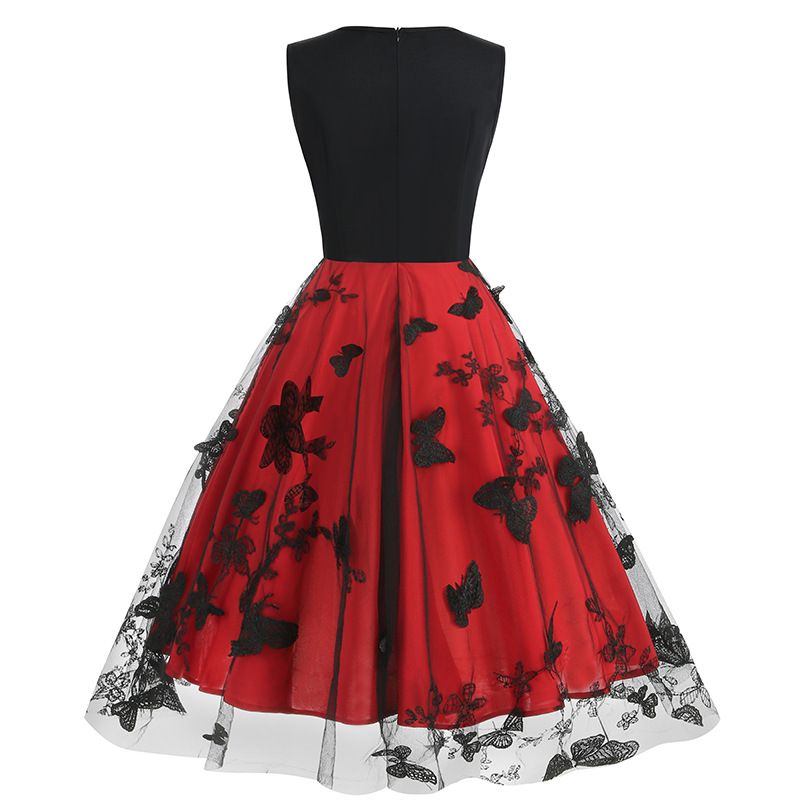Womens 1950s Butterfly Patchwork Vintage Retro Swing Party Dress Red