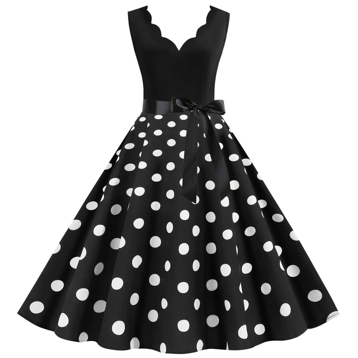 Womens 1950s Polka Dot Summer Dress Sleeveless V-Neck Elegant Vintage Party Dress Black