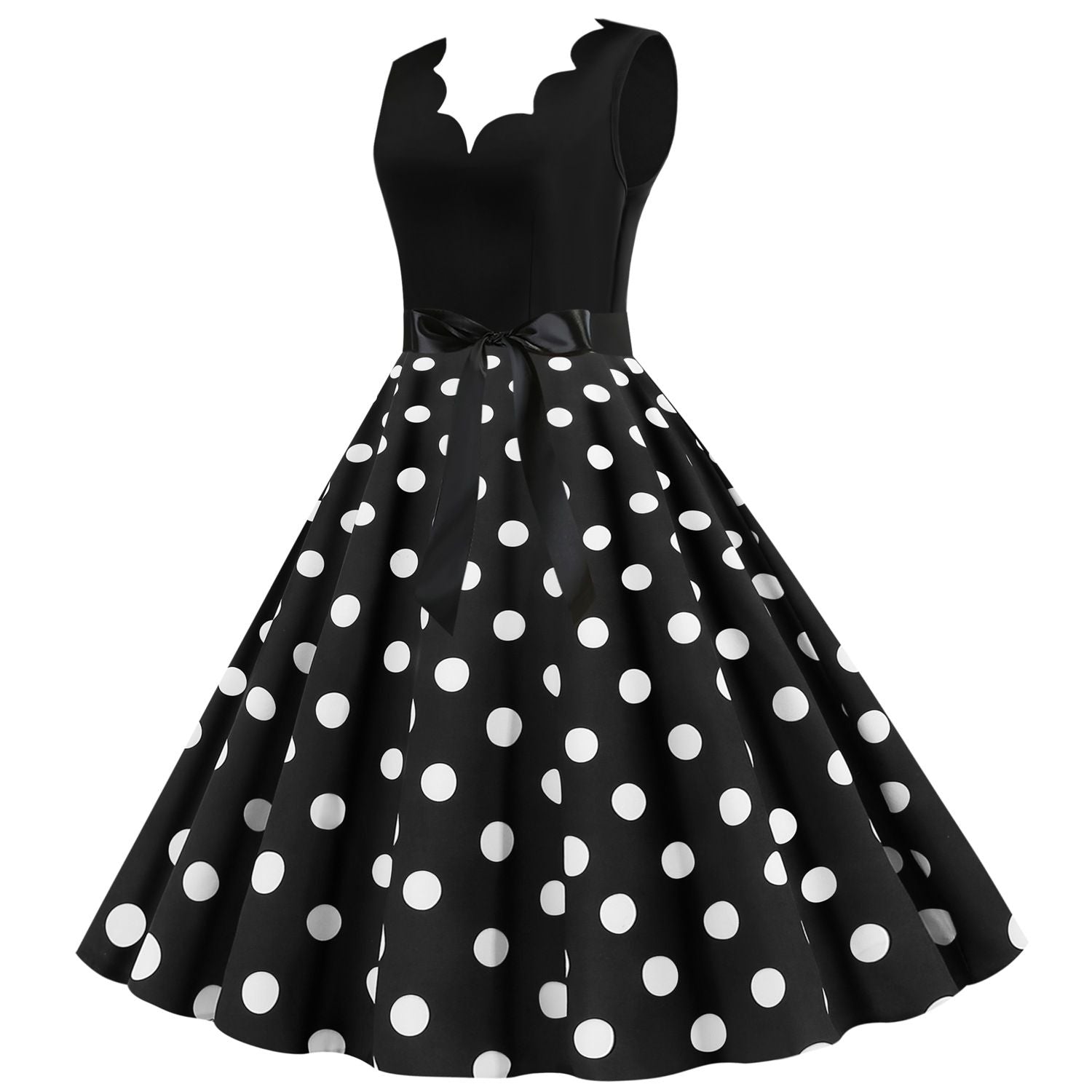 Womens 1950s Polka Dot Summer Dress Sleeveless V-Neck Elegant Vintage Party Dress Black