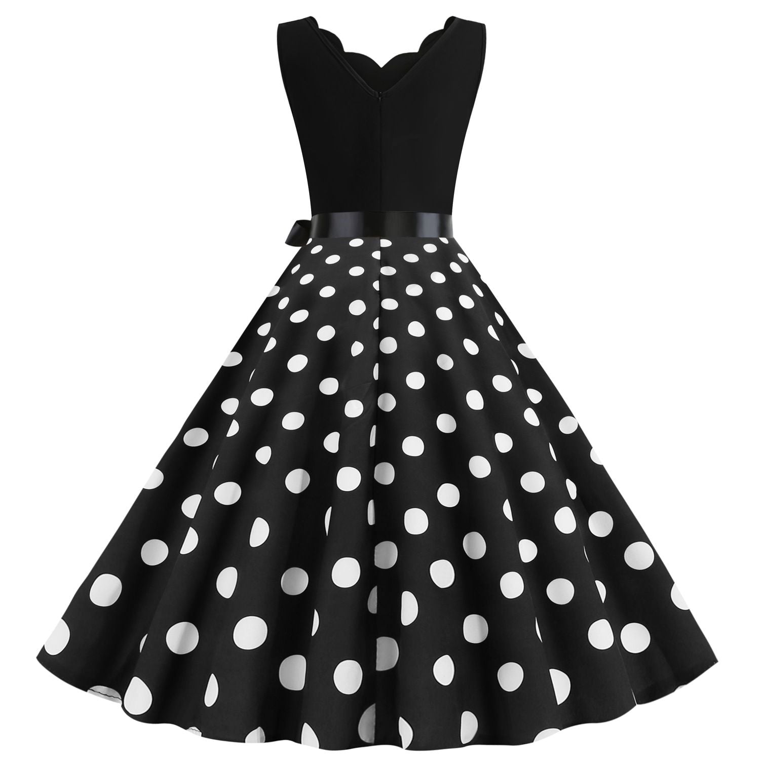 Womens 1950s Polka Dot Summer Dress Sleeveless V-Neck Elegant Vintage Party Dress Black
