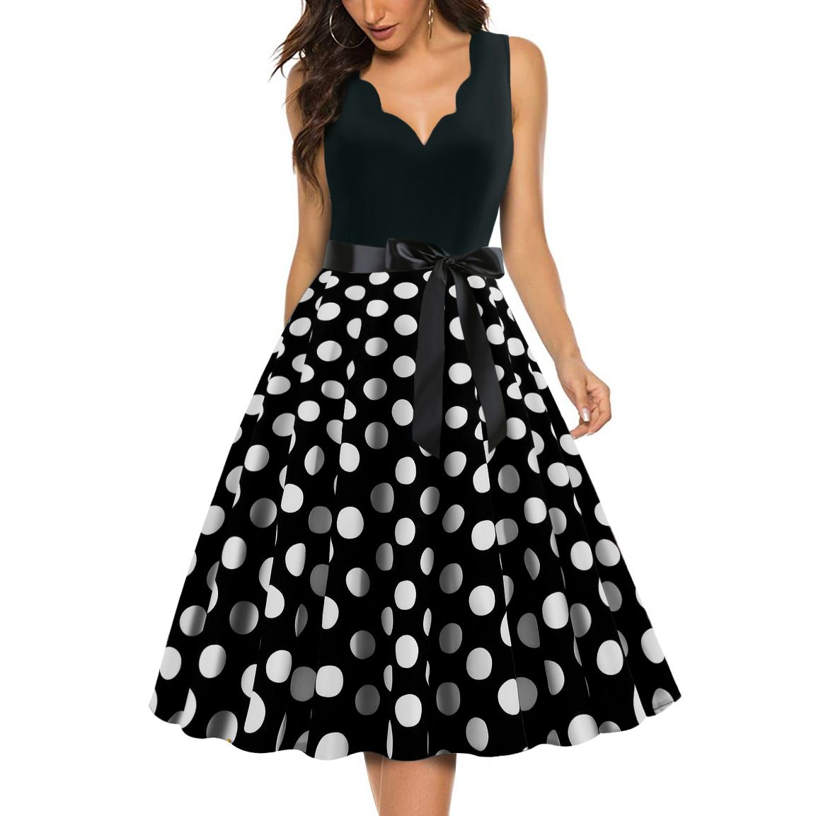 Womens 1950s Polka Dot Summer Dress Sleeveless V-Neck Elegant Vintage Party Dress Black