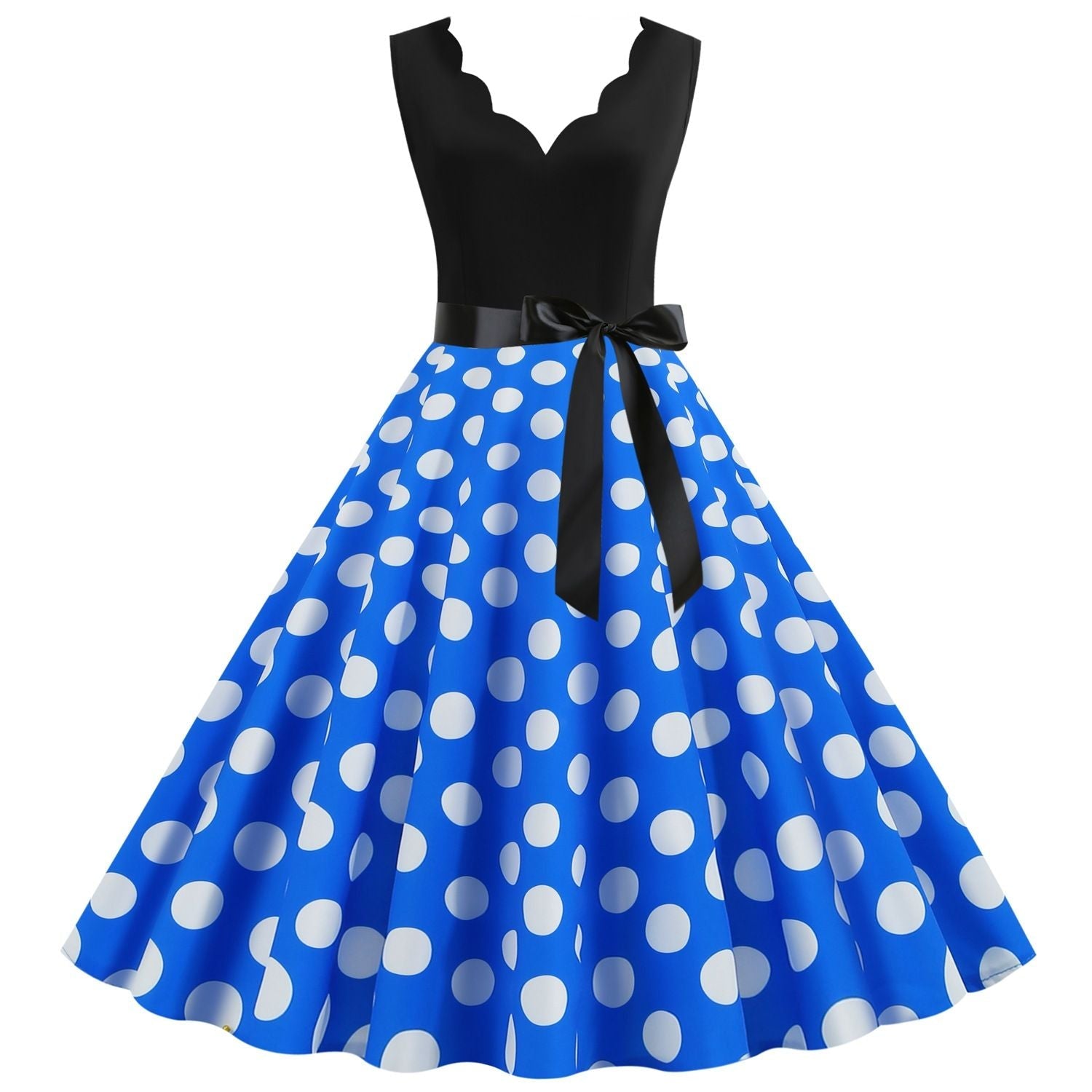 Womens 1950s Polka Dot Summer Dress Sleeveless V-Neck Elegant Vintage Party Dress Blue