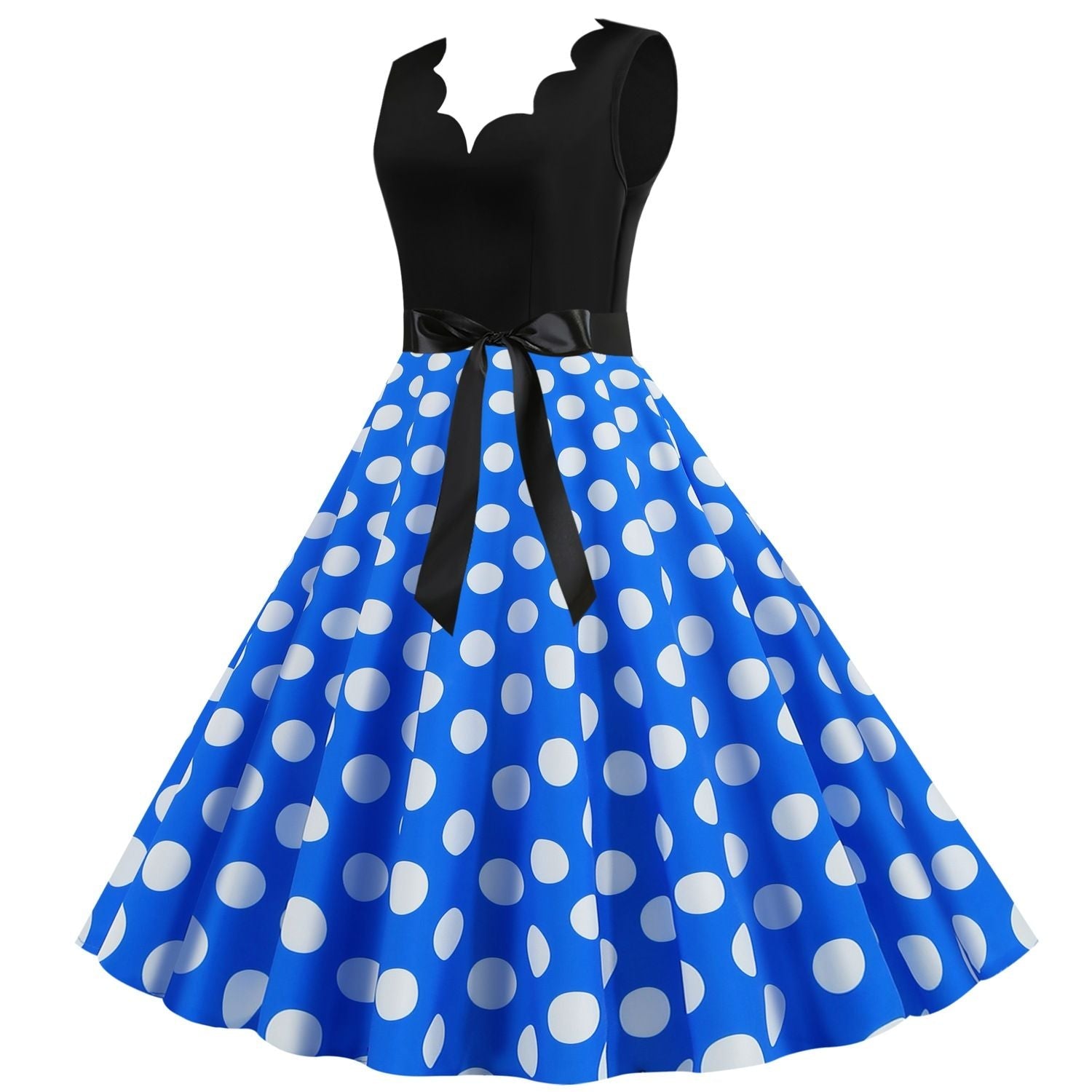 Womens 1950s Polka Dot Summer Dress Sleeveless V-Neck Elegant Vintage Party Dress Blue