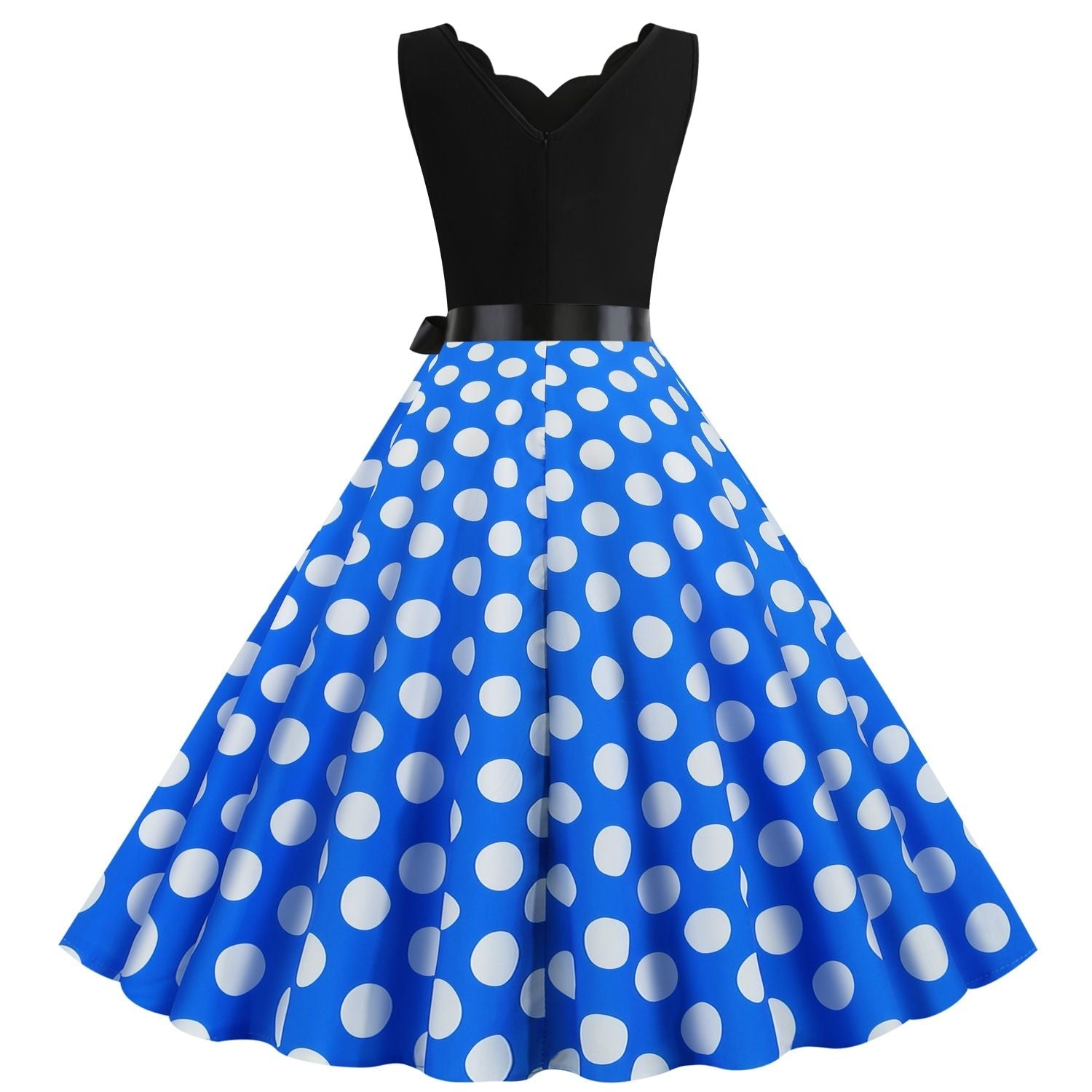 Womens 1950s Polka Dot Summer Dress Sleeveless V-Neck Elegant Vintage Party Dress Blue