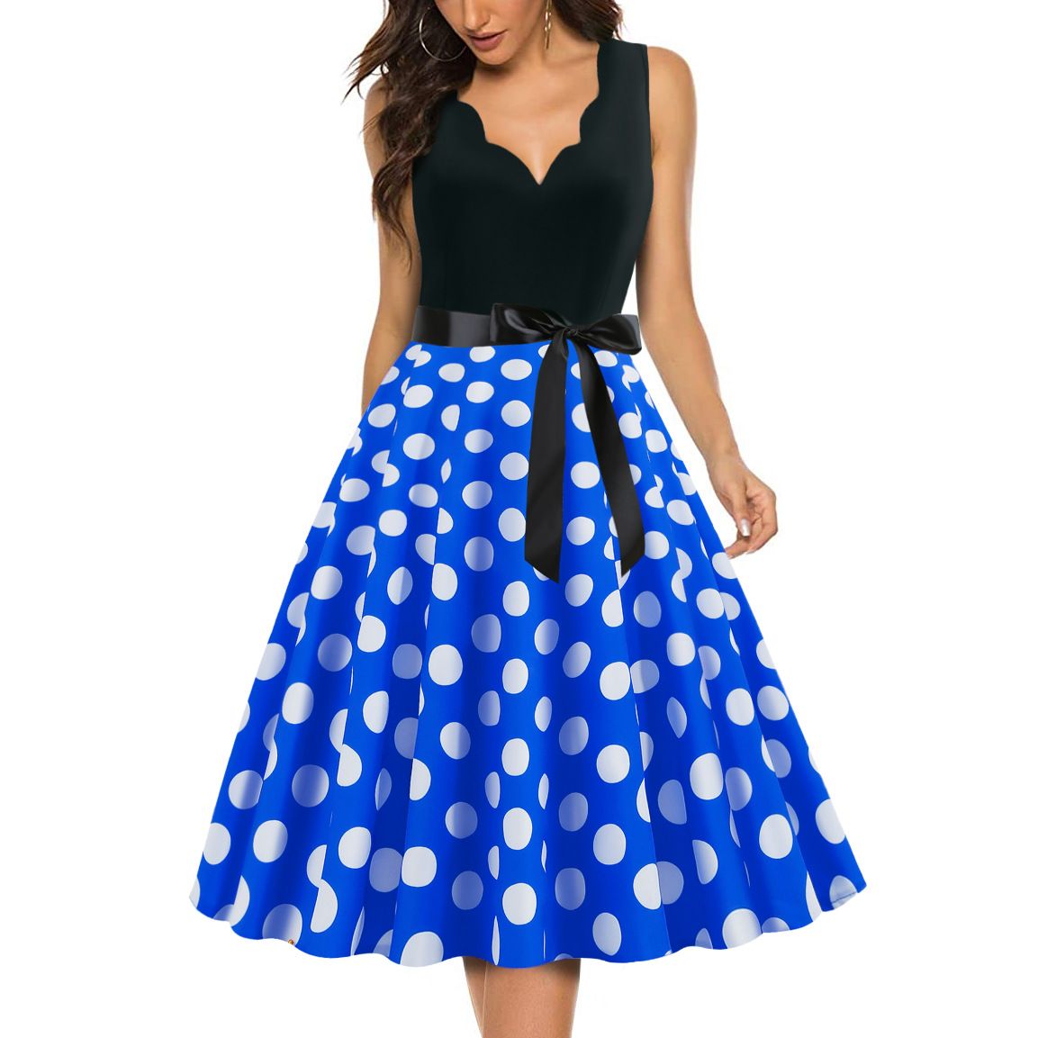 Womens 1950s Polka Dot Summer Dress Sleeveless V-Neck Elegant Vintage Party Dress Blue