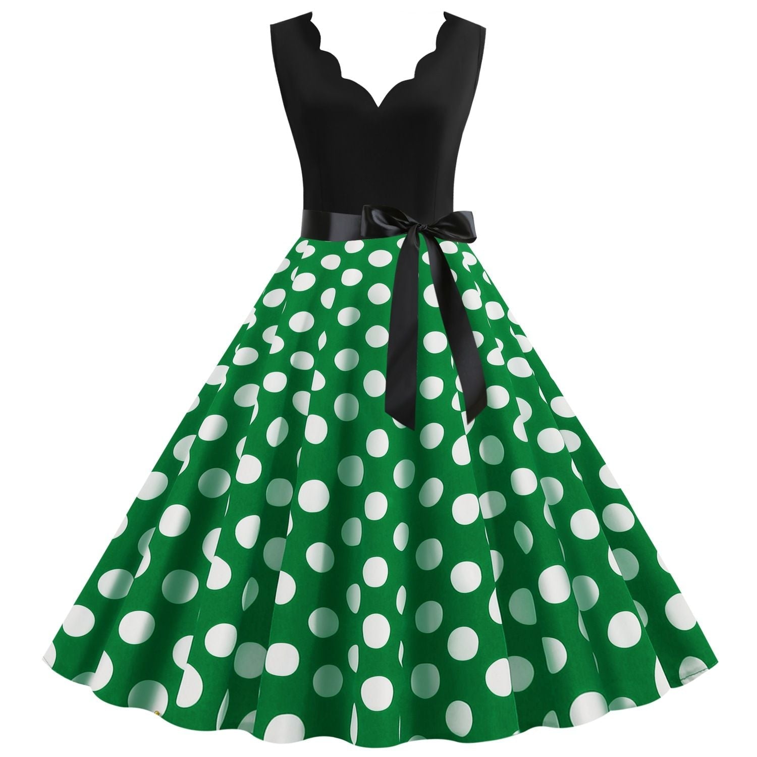 Womens 1950s Polka Dot Summer Dress Sleeveless V-Neck Elegant Vintage Party Dress Green