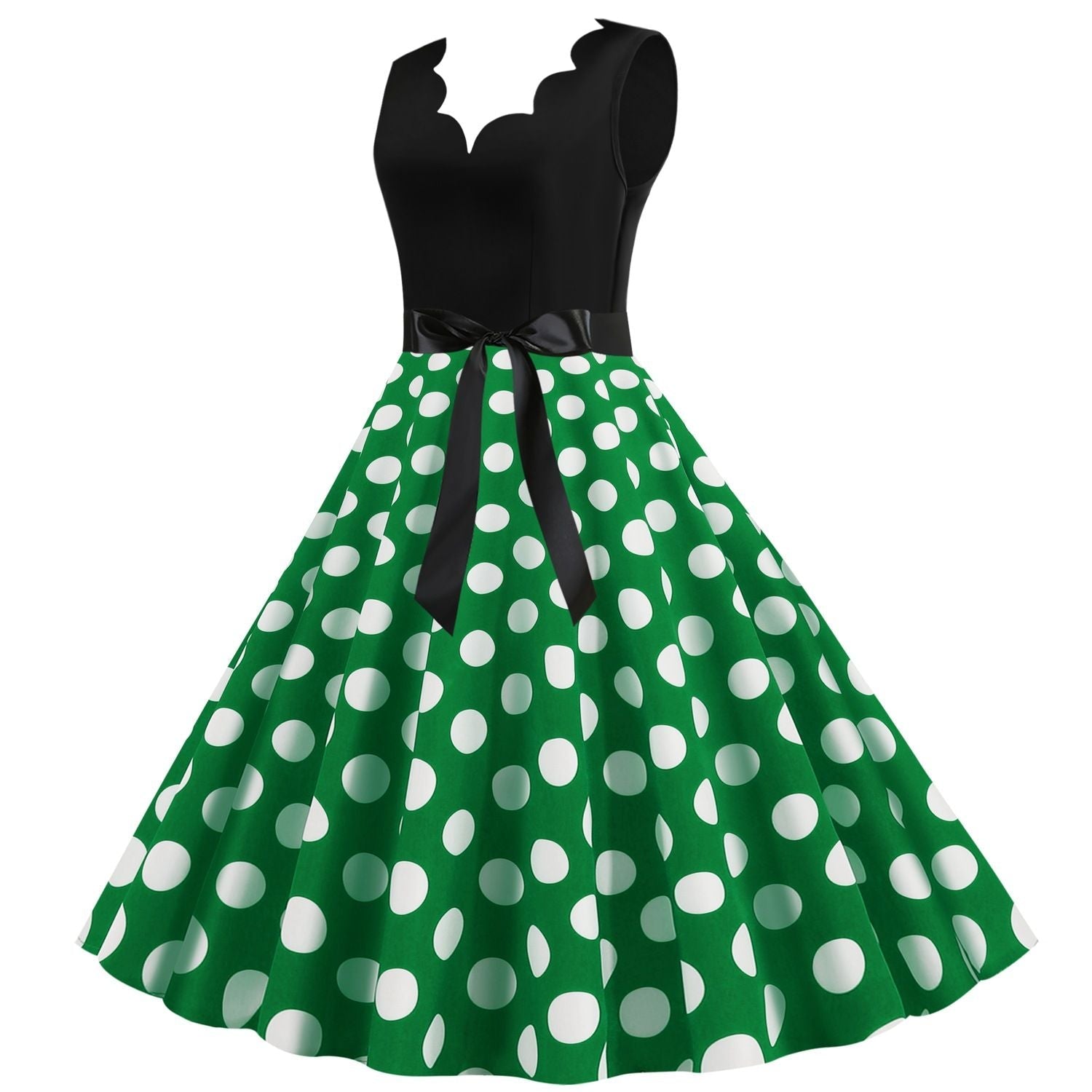 Womens 1950s Polka Dot Summer Dress Sleeveless V-Neck Elegant Vintage Party Dress Green