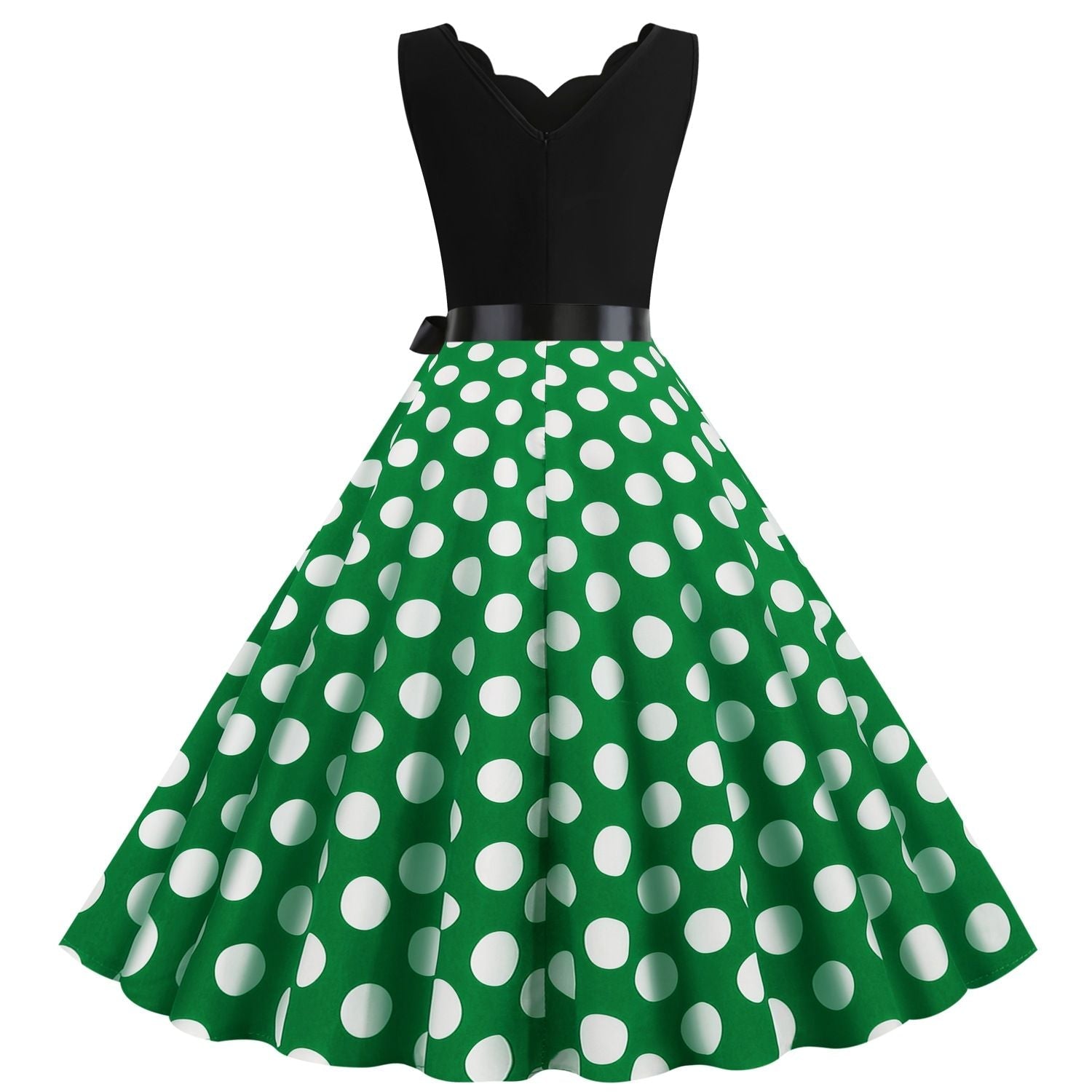 Womens 1950s Polka Dot Summer Dress Sleeveless V-Neck Elegant Vintage Party Dress Green