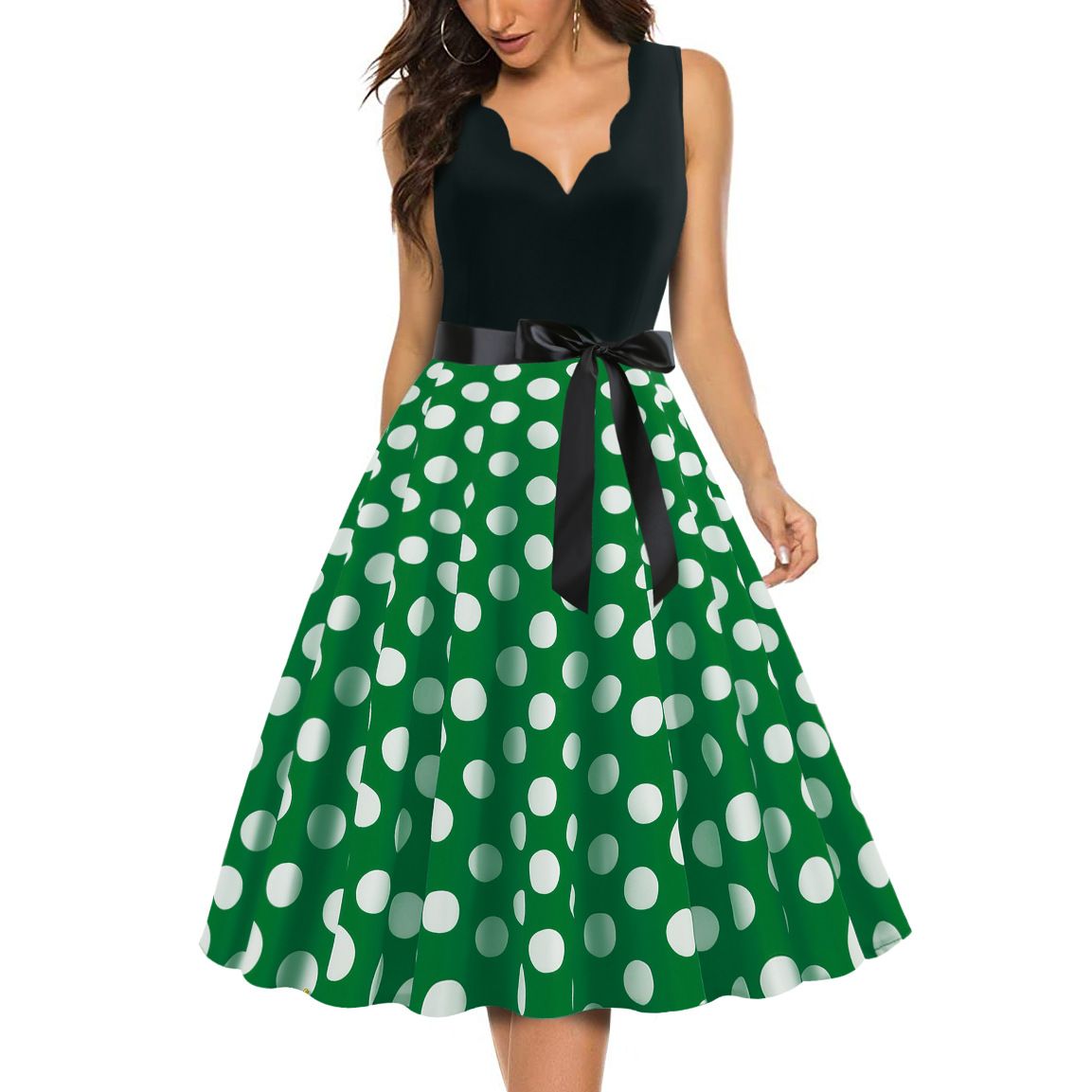 Womens 1950s Polka Dot Summer Dress Sleeveless V-Neck Elegant Vintage Party Dress Green