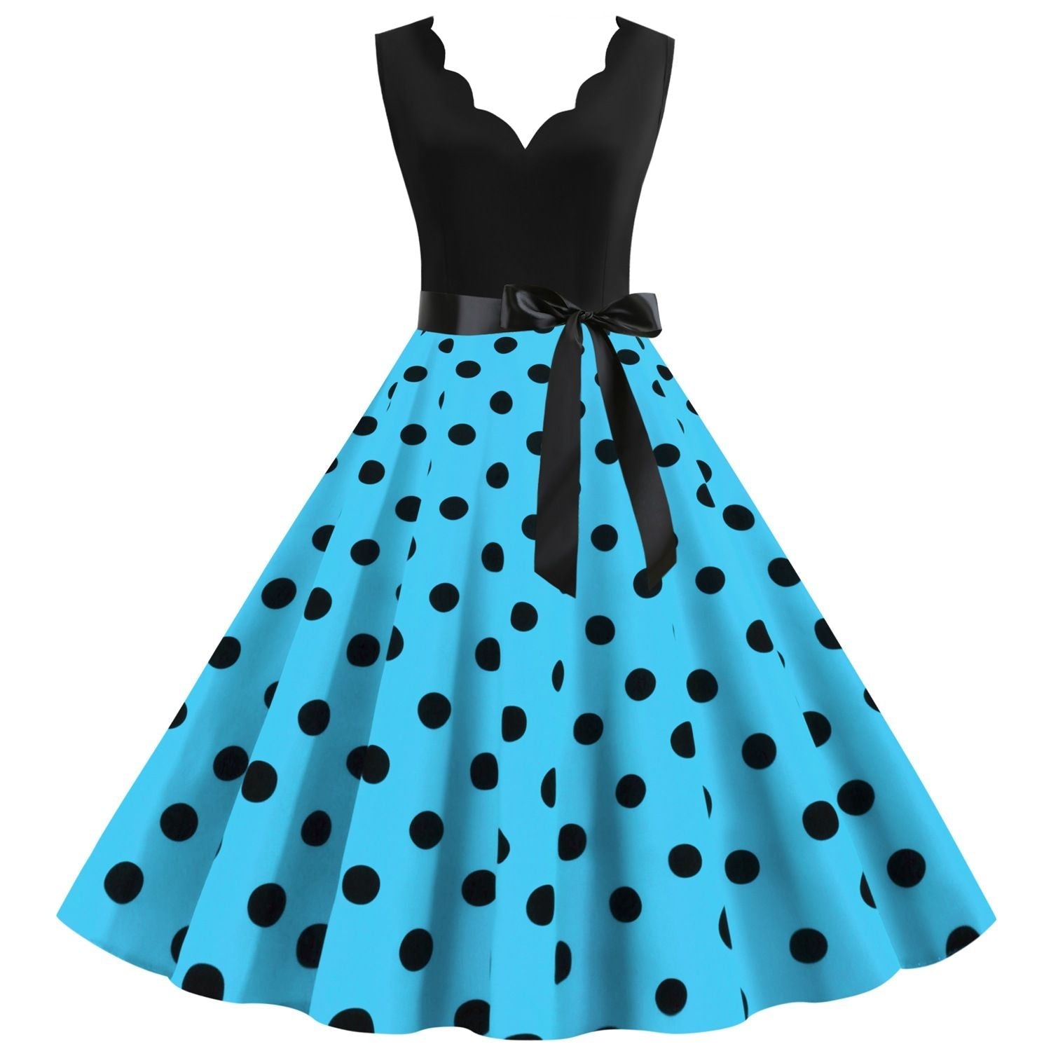 Womens 1950s Polka Dot Summer Dress Sleeveless V-Neck Elegant Vintage Party Dress Lake