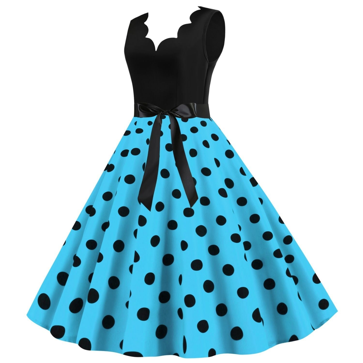 Womens 1950s Polka Dot Summer Dress Sleeveless V-Neck Elegant Vintage Party Dress Lake
