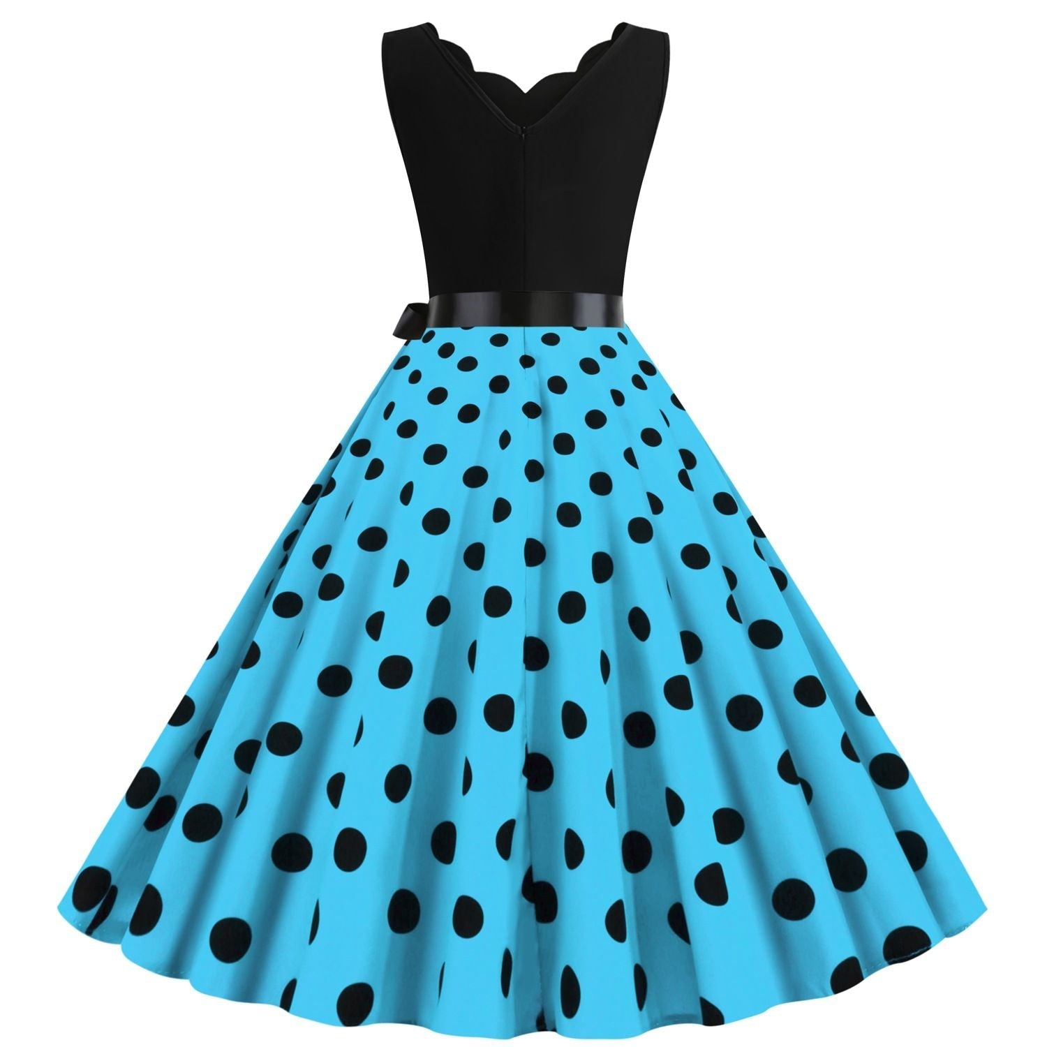 Womens 1950s Polka Dot Summer Dress Sleeveless V-Neck Elegant Vintage Party Dress Lake