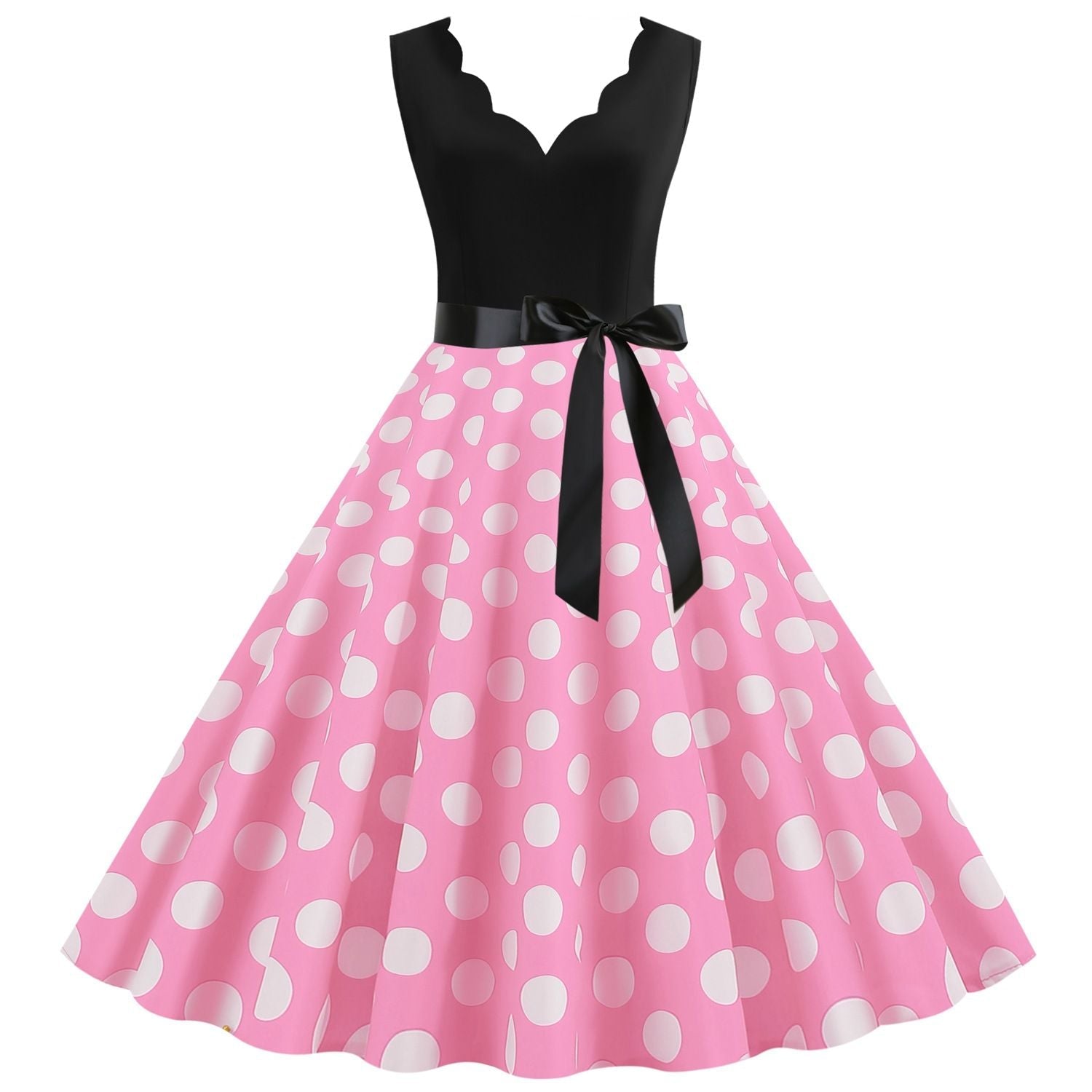 Womens 1950s Polka Dot Summer Dress Sleeveless V-Neck Elegant Vintage Party Dress Pink