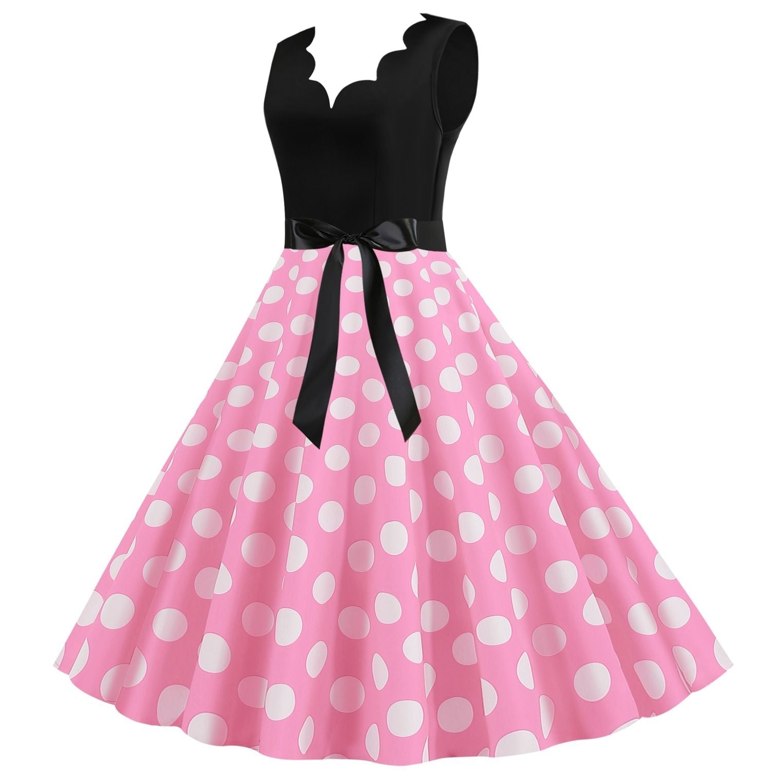 Womens 1950s Polka Dot Summer Dress Sleeveless V-Neck Elegant Vintage Party Dress Pink