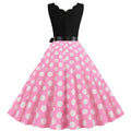 Womens 1950s Polka Dot Summer Dress Sleeveless V-Neck Elegant Vintage Party Dress Pink