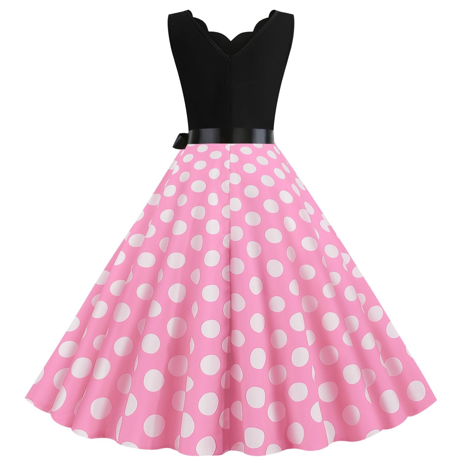 Womens 1950s Polka Dot Summer Dress Sleeveless V-Neck Elegant Vintage Party Dress Pink