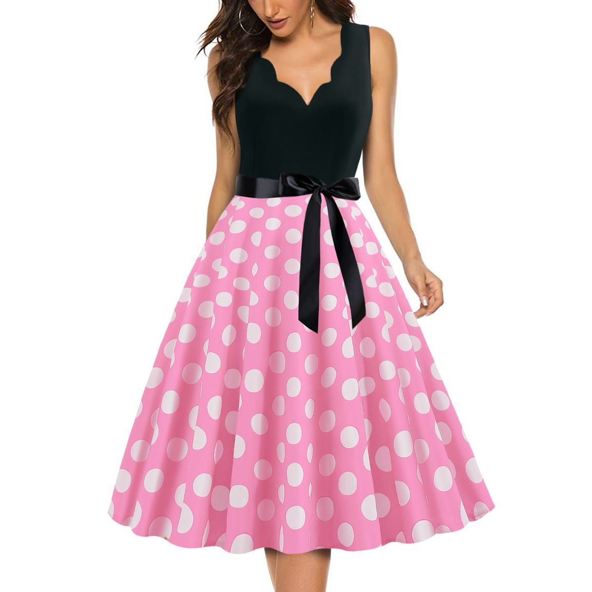Womens 1950s Polka Dot Summer Dress Sleeveless V-Neck Elegant Vintage Party Dress Pink