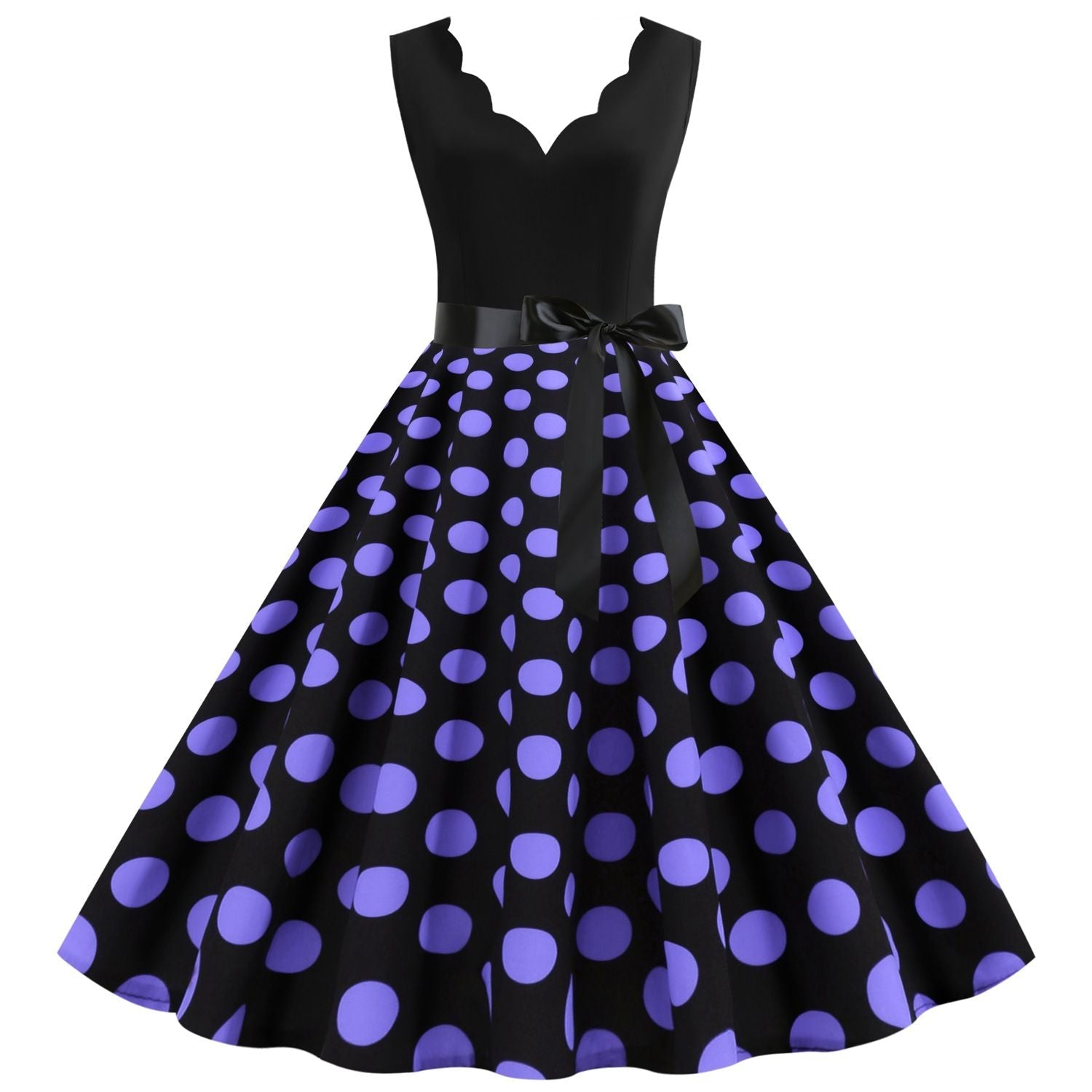 Womens 1950s Polka Dot Summer Dress Sleeveless V-Neck Elegant Vintage Party Dress Purple