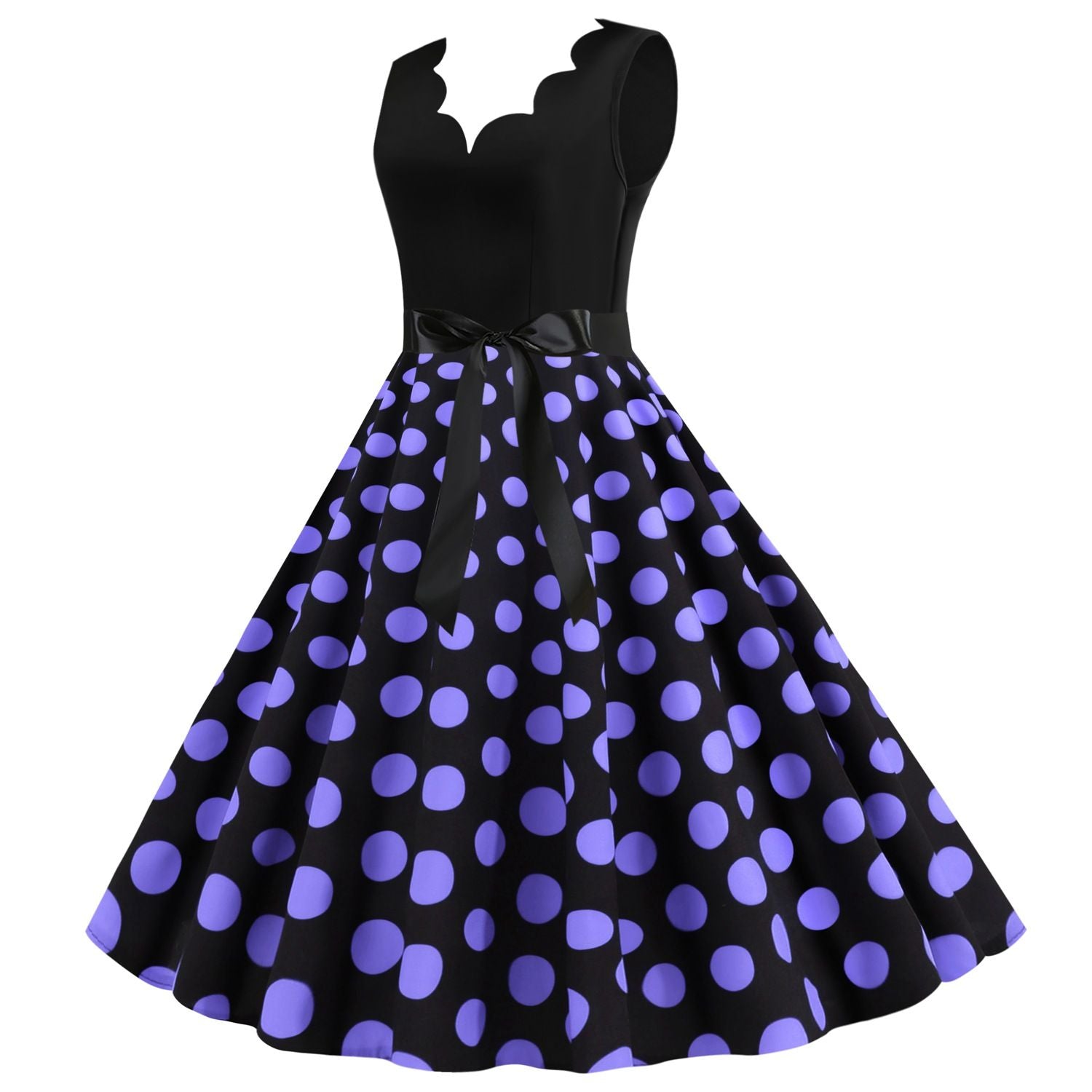 Womens 1950s Polka Dot Summer Dress Sleeveless V-Neck Elegant Vintage Party Dress Purple