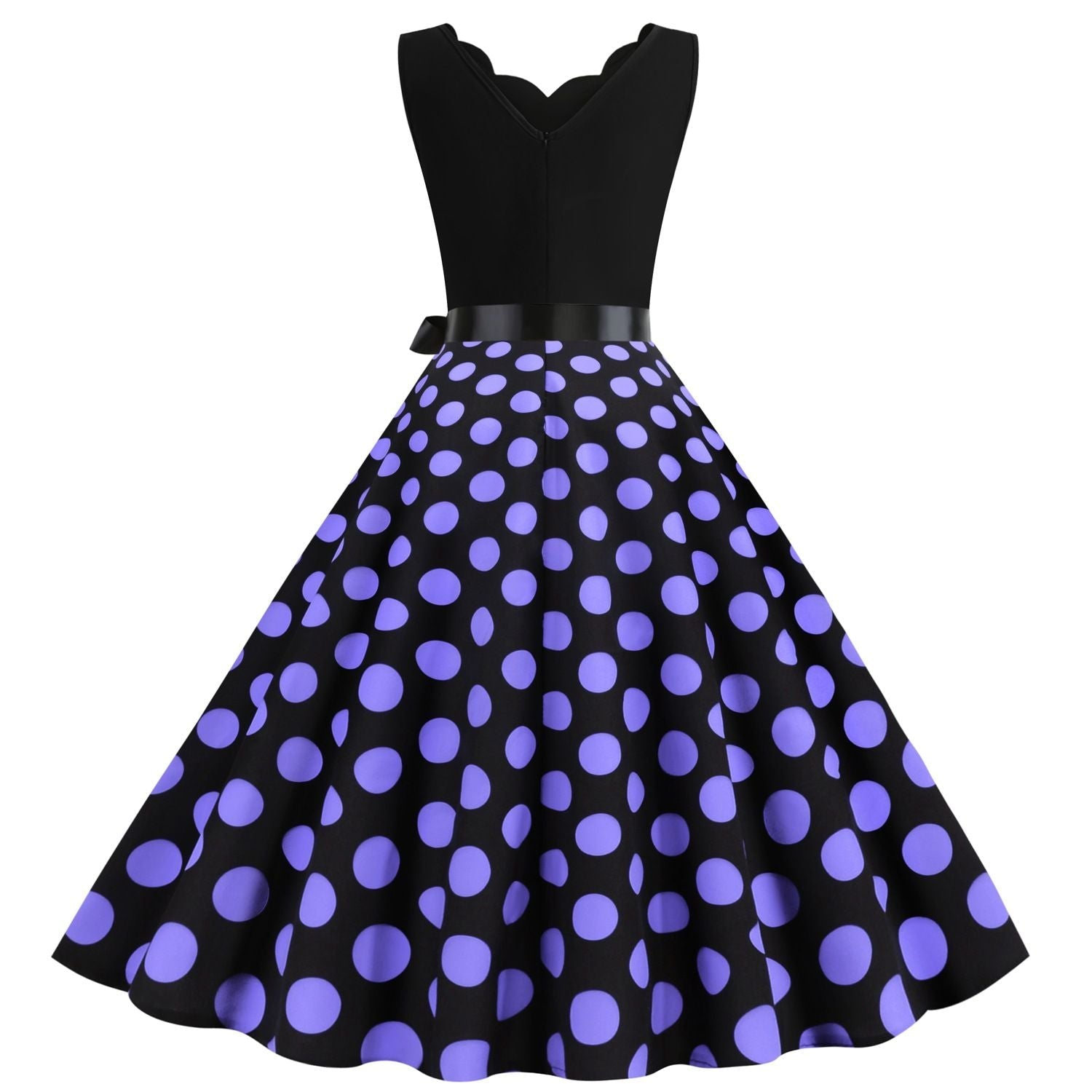 Womens 1950s Polka Dot Summer Dress Sleeveless V-Neck Elegant Vintage Party Dress Purple