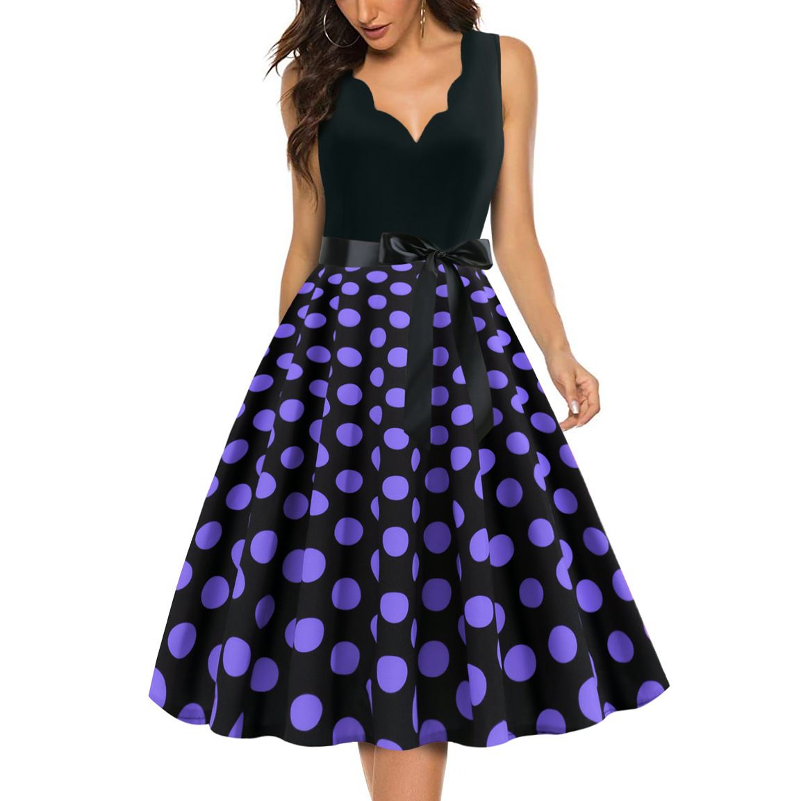 Womens 1950s Polka Dot Summer Dress Sleeveless V-Neck Elegant Vintage Party Dress Purple