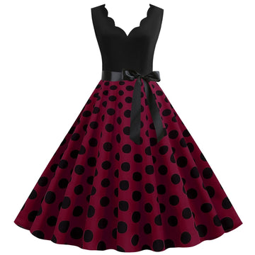 Womens 1950s Polka Dot Summer Dress Sleeveless V-Neck Elegant Vintage Party Dress Purple Black