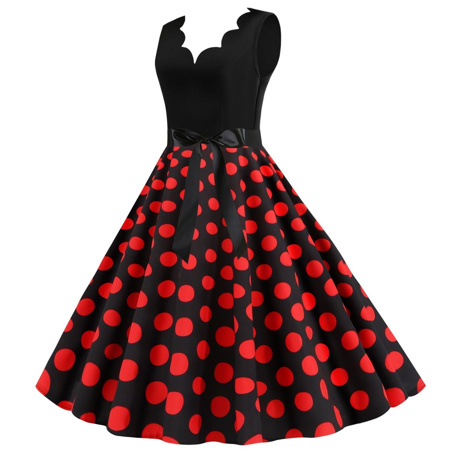 Womens 1950s Polka Dot Summer Dress Sleeveless V-Neck Elegant Vintage Party Dress Red