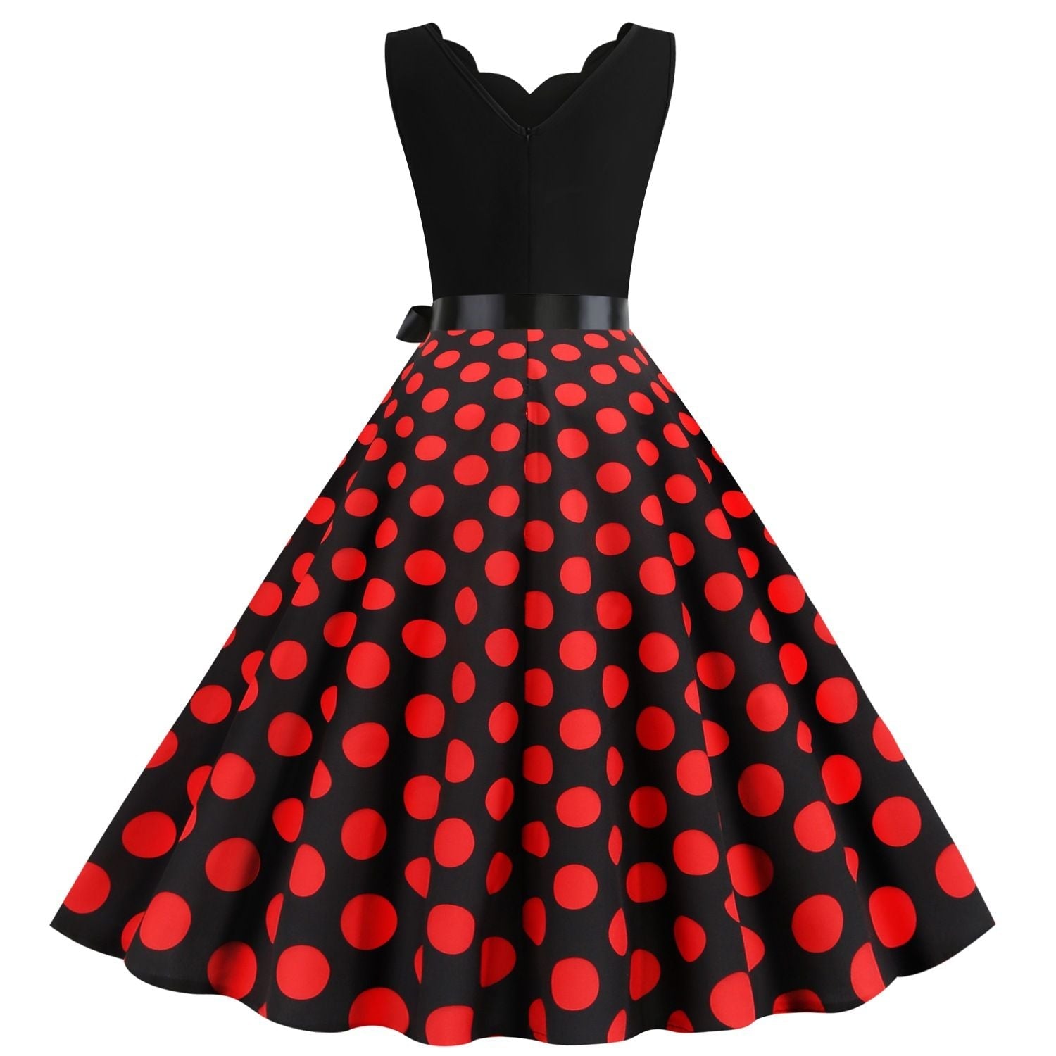 Womens 1950s Polka Dot Summer Dress Sleeveless V-Neck Elegant Vintage Party Dress Red