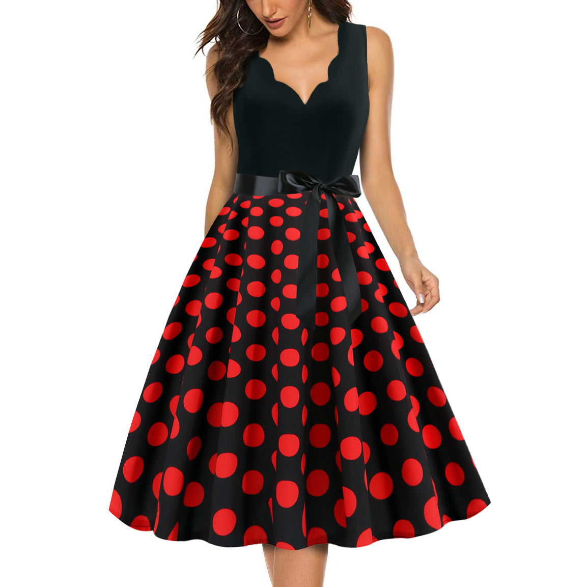 Womens 1950s Polka Dot Summer Dress Sleeveless V-Neck Elegant Vintage Party Dress Red
