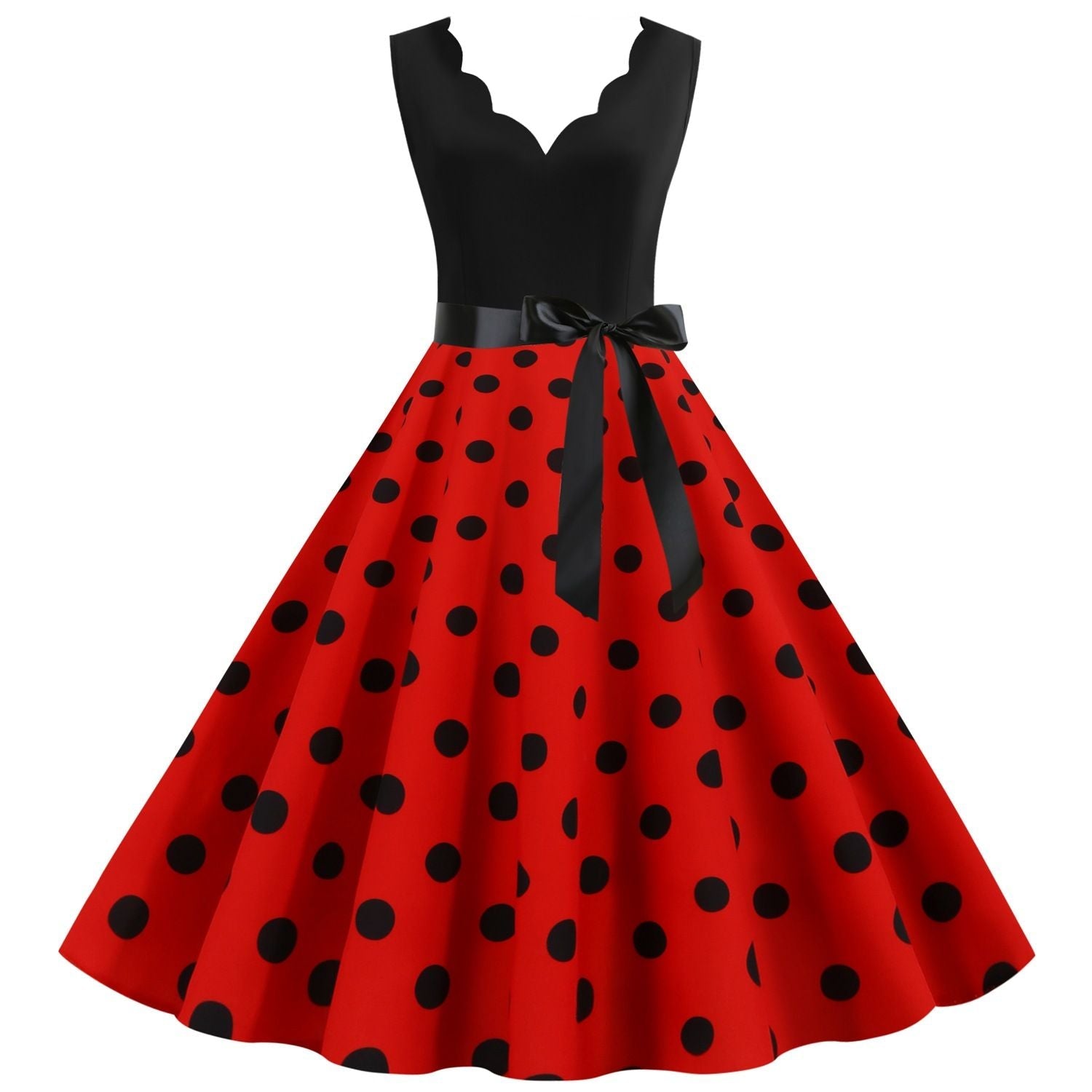 Womens 1950s Polka Dot Summer Dress Sleeveless V-Neck Elegant Vintage Party Dress Red Black