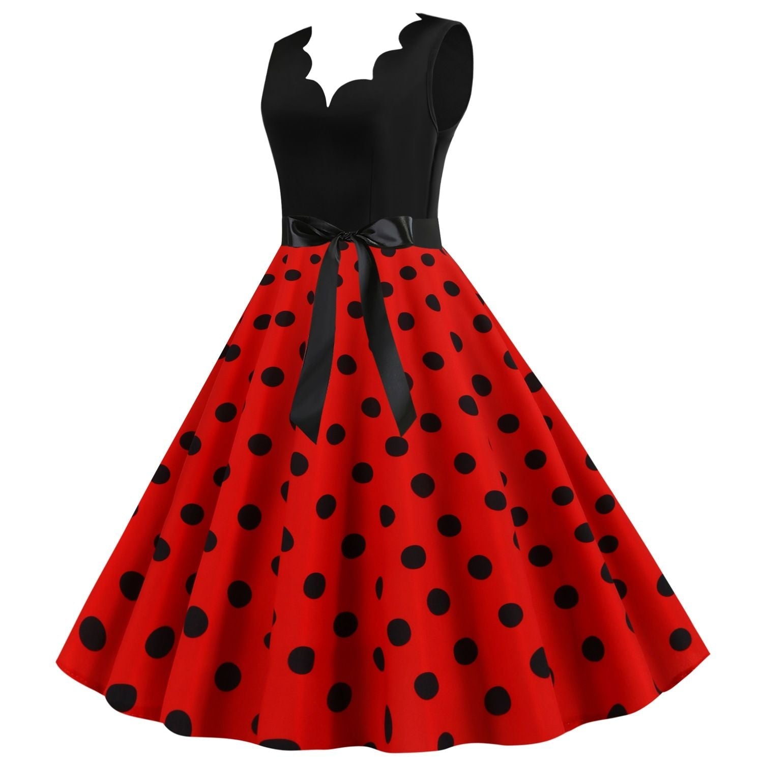 Womens 1950s Polka Dot Summer Dress Sleeveless V-Neck Elegant Vintage Party Dress Red Black