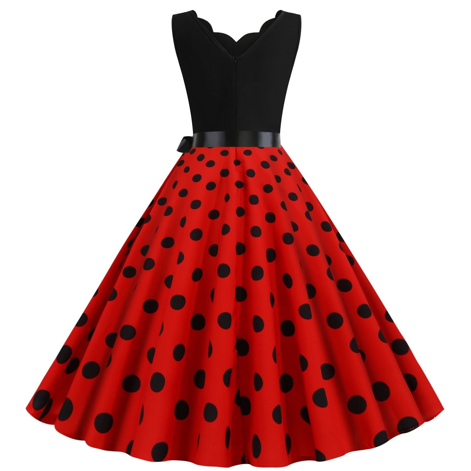 Womens 1950s Polka Dot Summer Dress Sleeveless V-Neck Elegant Vintage Party Dress Red Black