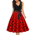 Womens 1950s Polka Dot Summer Dress Sleeveless V-Neck Elegant Vintage Party Dress Red Black