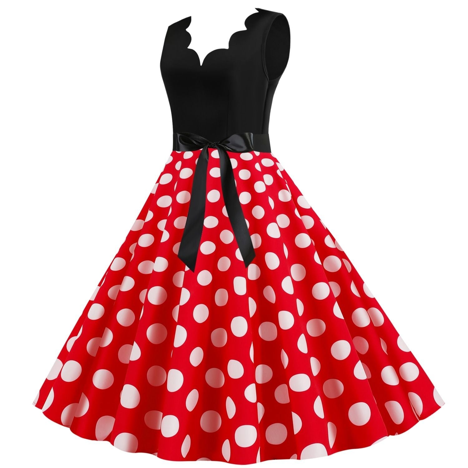Womens 1950s Polka Dot Summer Dress Sleeveless V-Neck Elegant Vintage Party Dress Red White