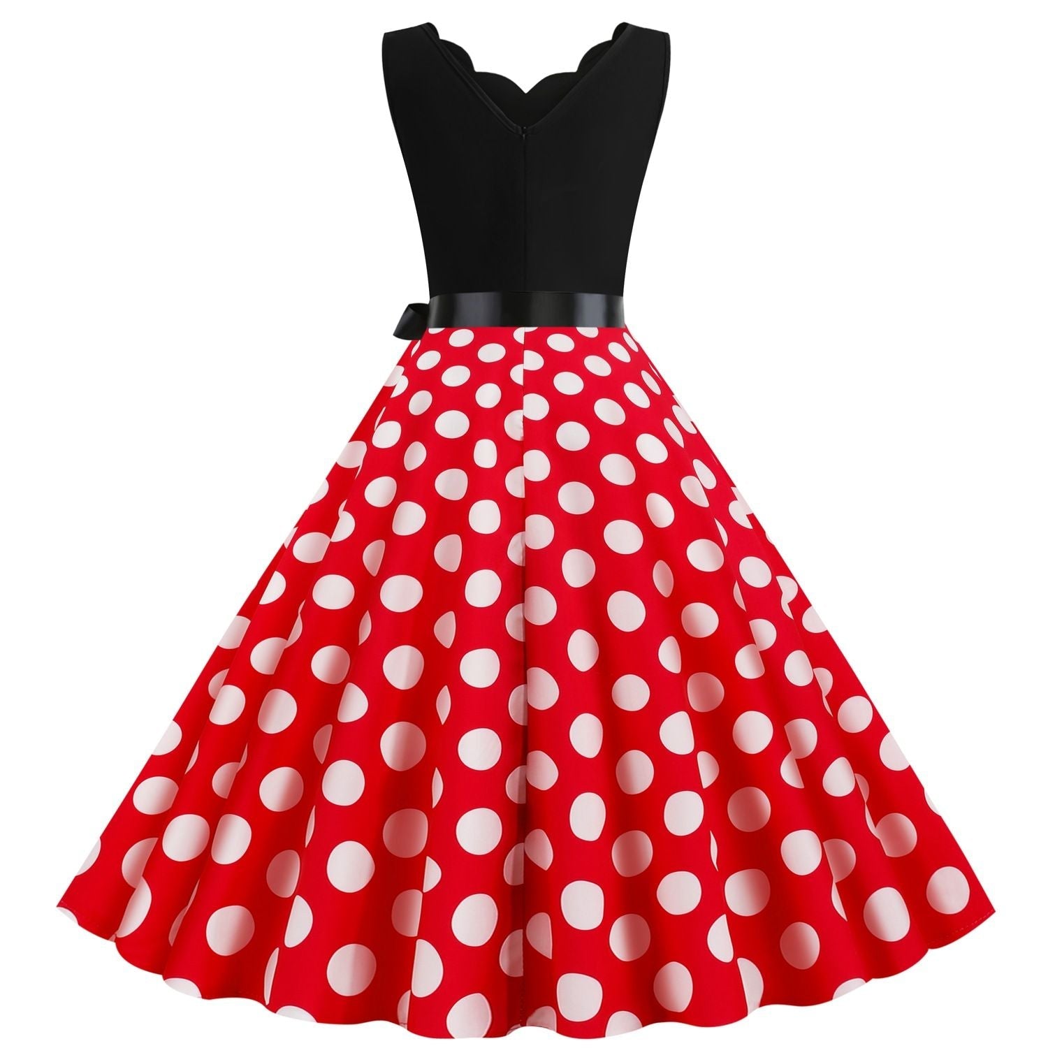 Womens 1950s Polka Dot Summer Dress Sleeveless V-Neck Elegant Vintage Party Dress Red White