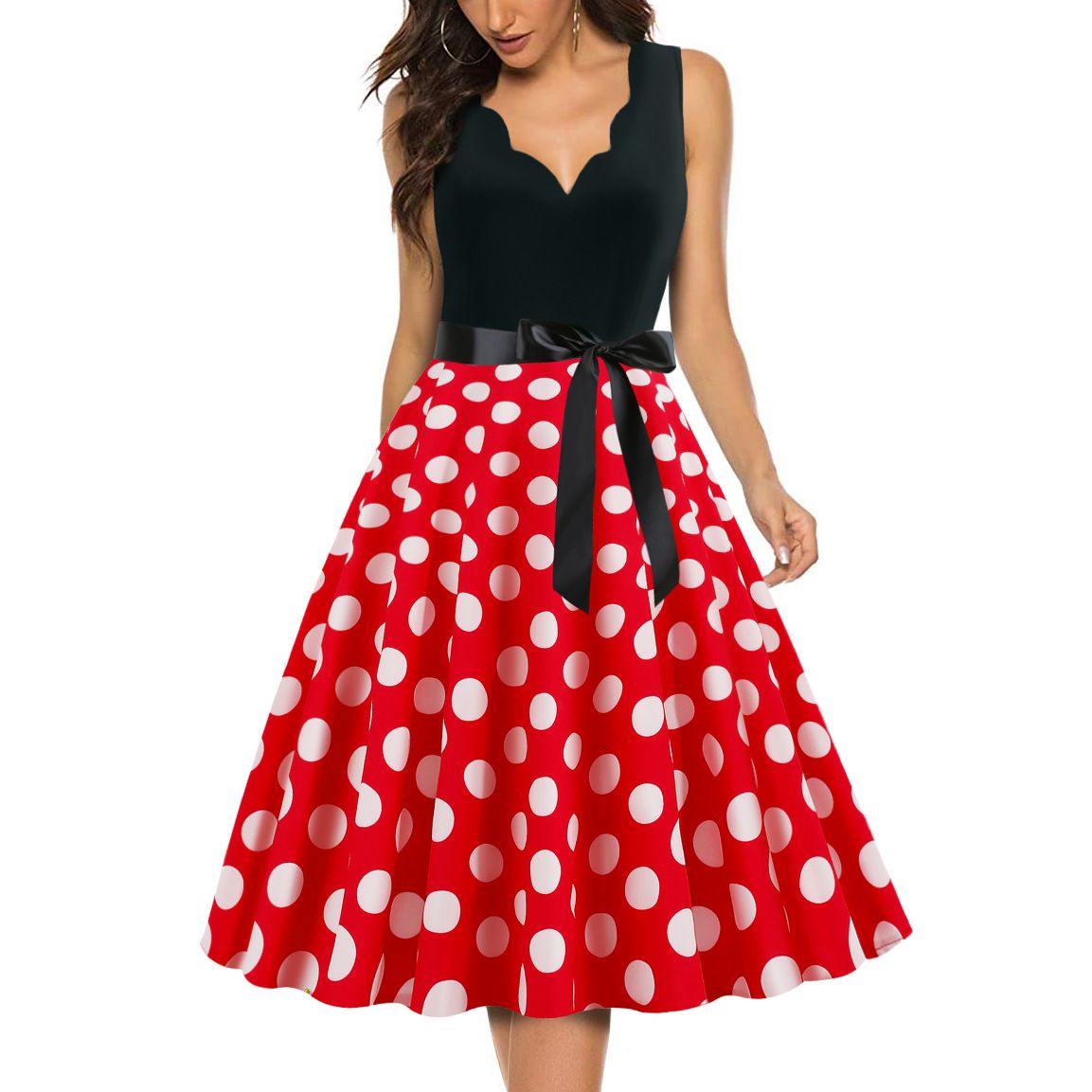 Womens 1950s Polka Dot Summer Dress Sleeveless V-Neck Elegant Vintage Party Dress Red White