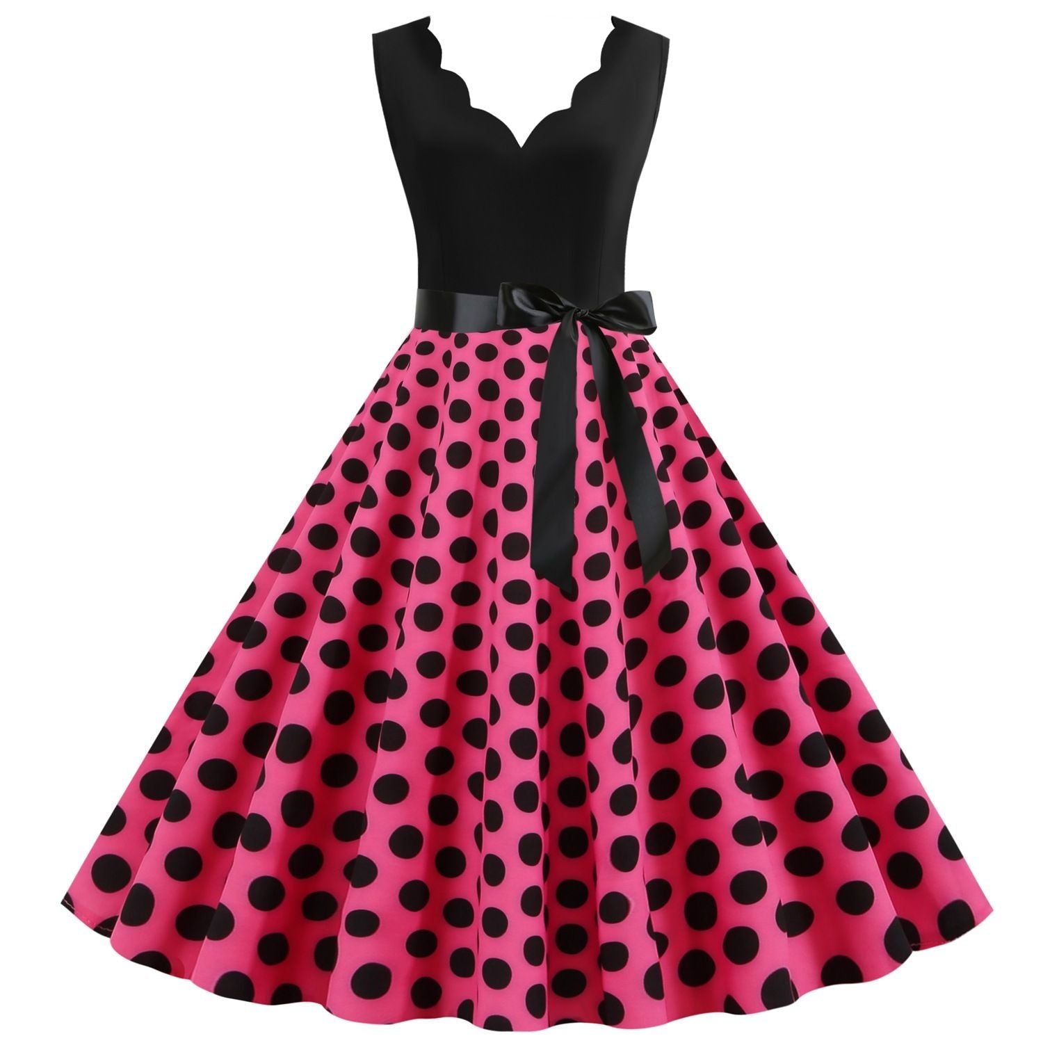 Womens 1950s Polka Dot Summer Dress Sleeveless V-Neck Elegant Vintage Party Dress Rose