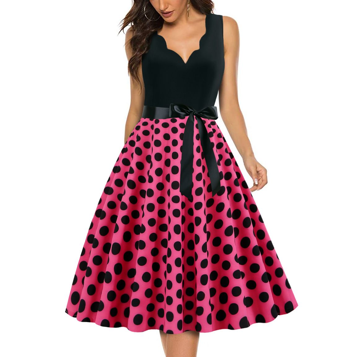 4Womens 1950s Polka Dot Summer Dress Sleeveless V-Neck Elegant Vintage Party Dress Rose