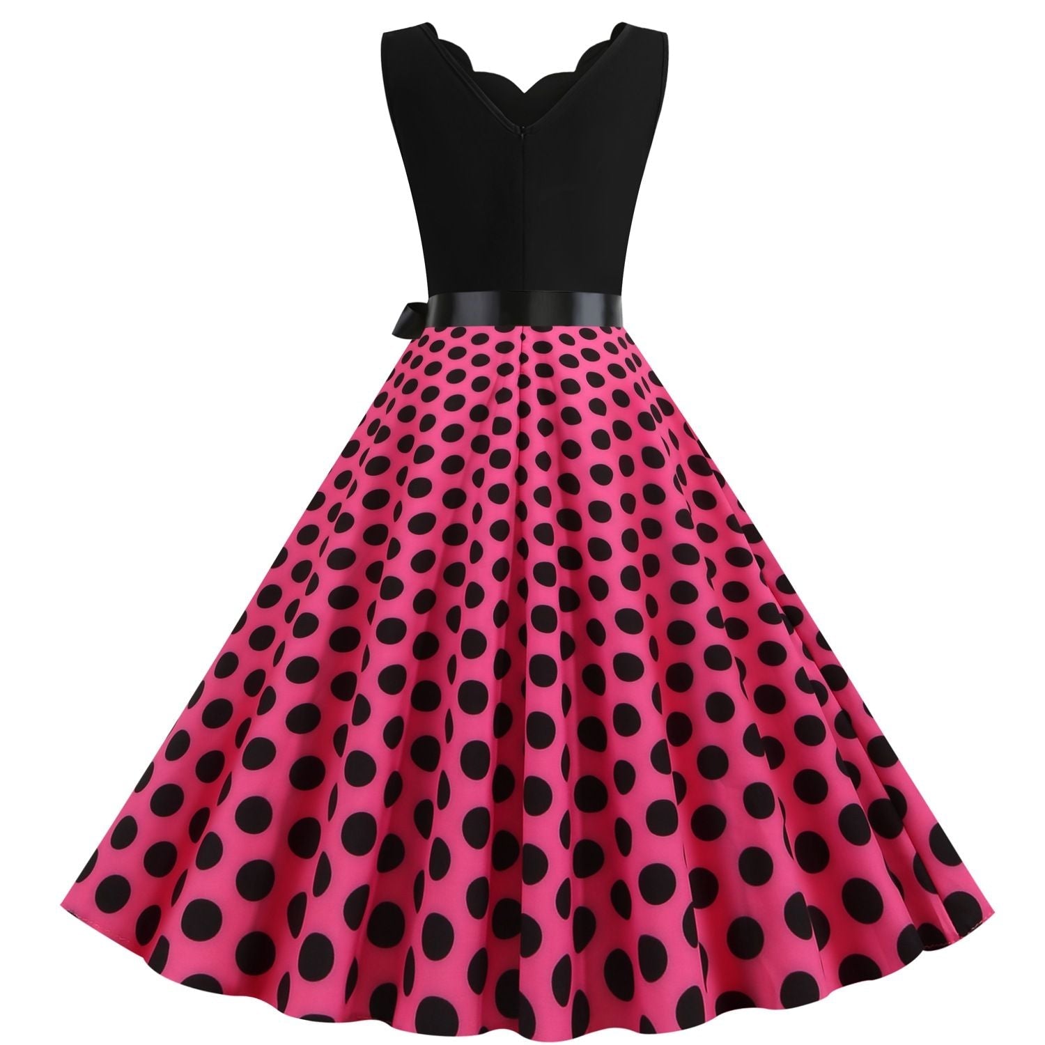 Womens 1950s Polka Dot Summer Dress Sleeveless V-Neck Elegant Vintage Party Dress Rose