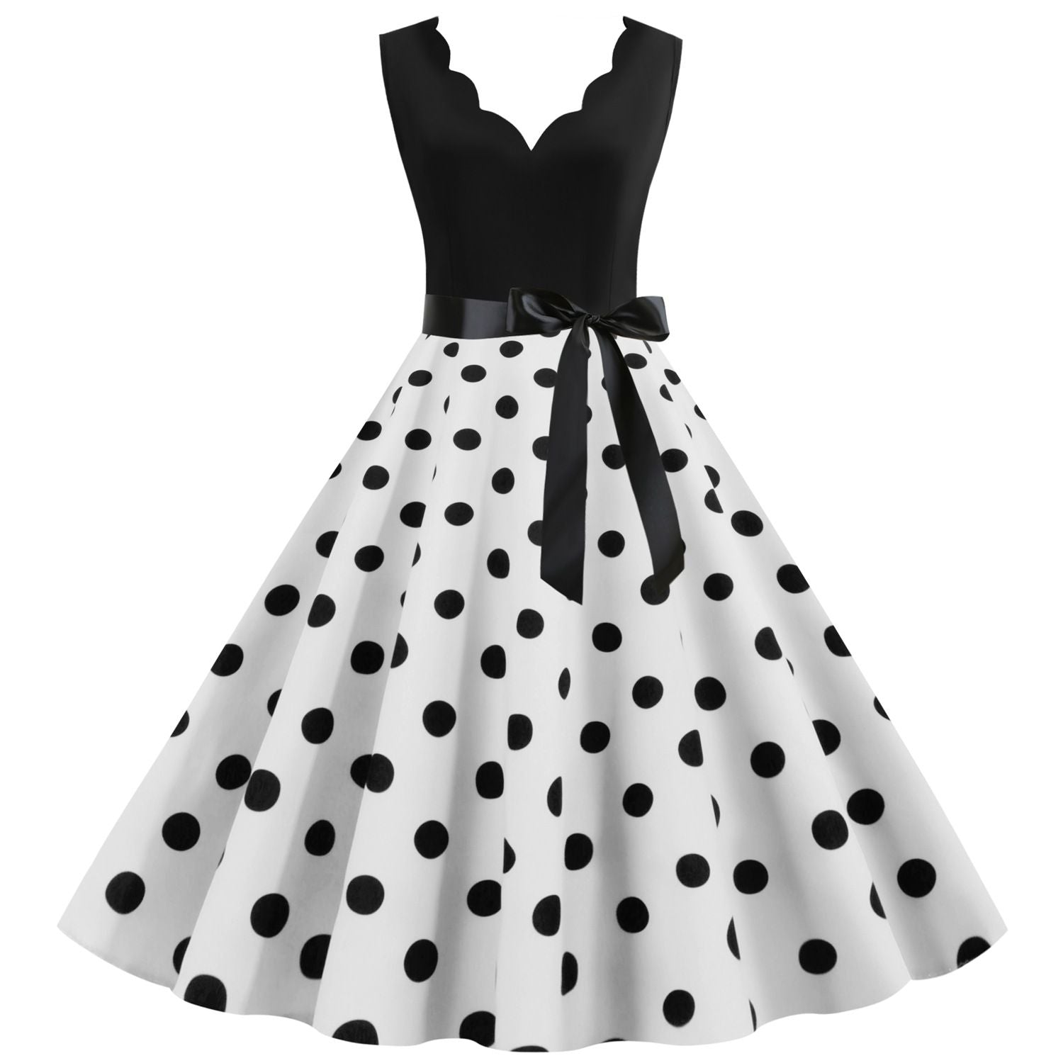 Womens 1950s Polka Dot Summer Dress Sleeveless V-Neck Elegant Vintage Party Dress White