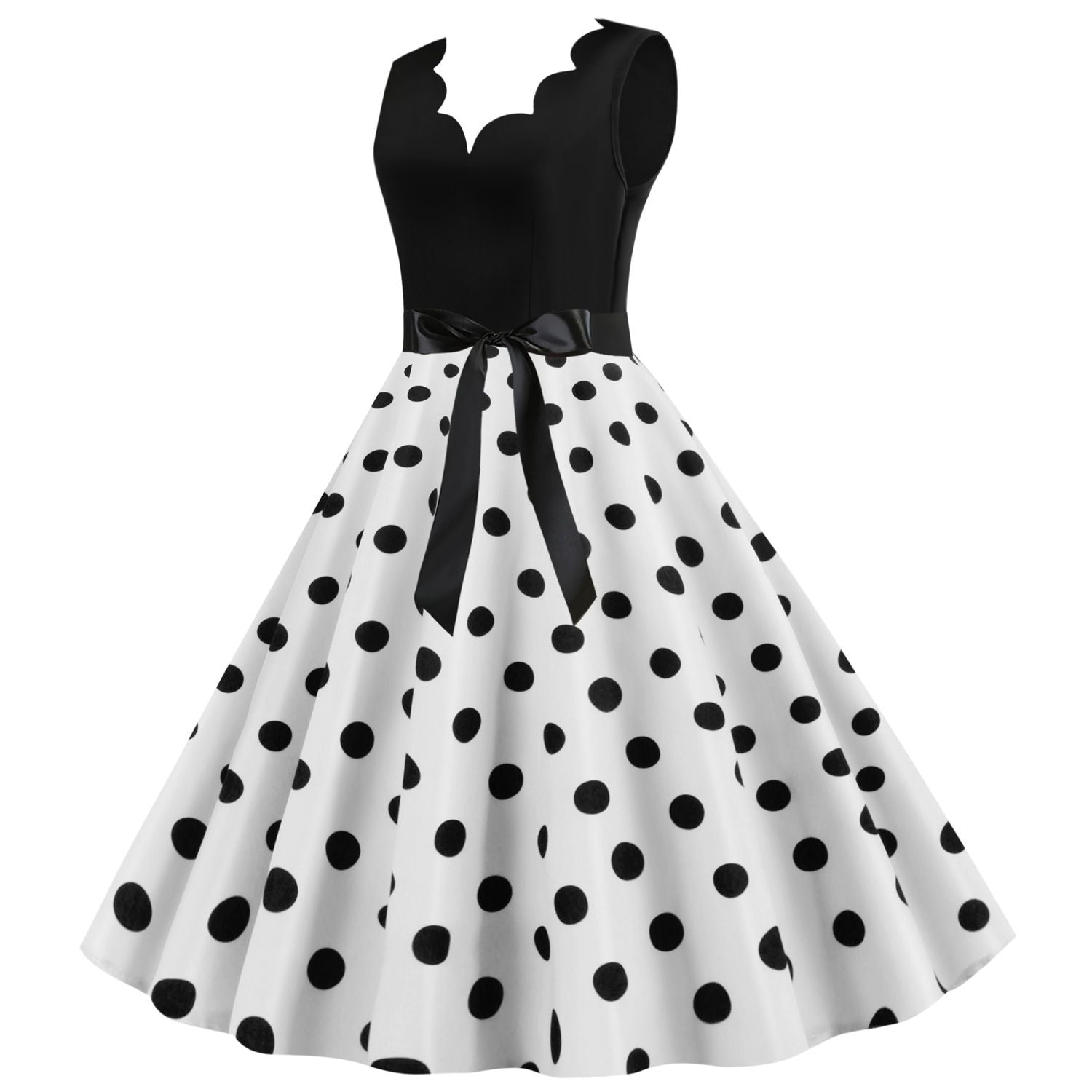 Womens 1950s Polka Dot Summer Dress Sleeveless V-Neck Elegant Vintage Party Dress White
