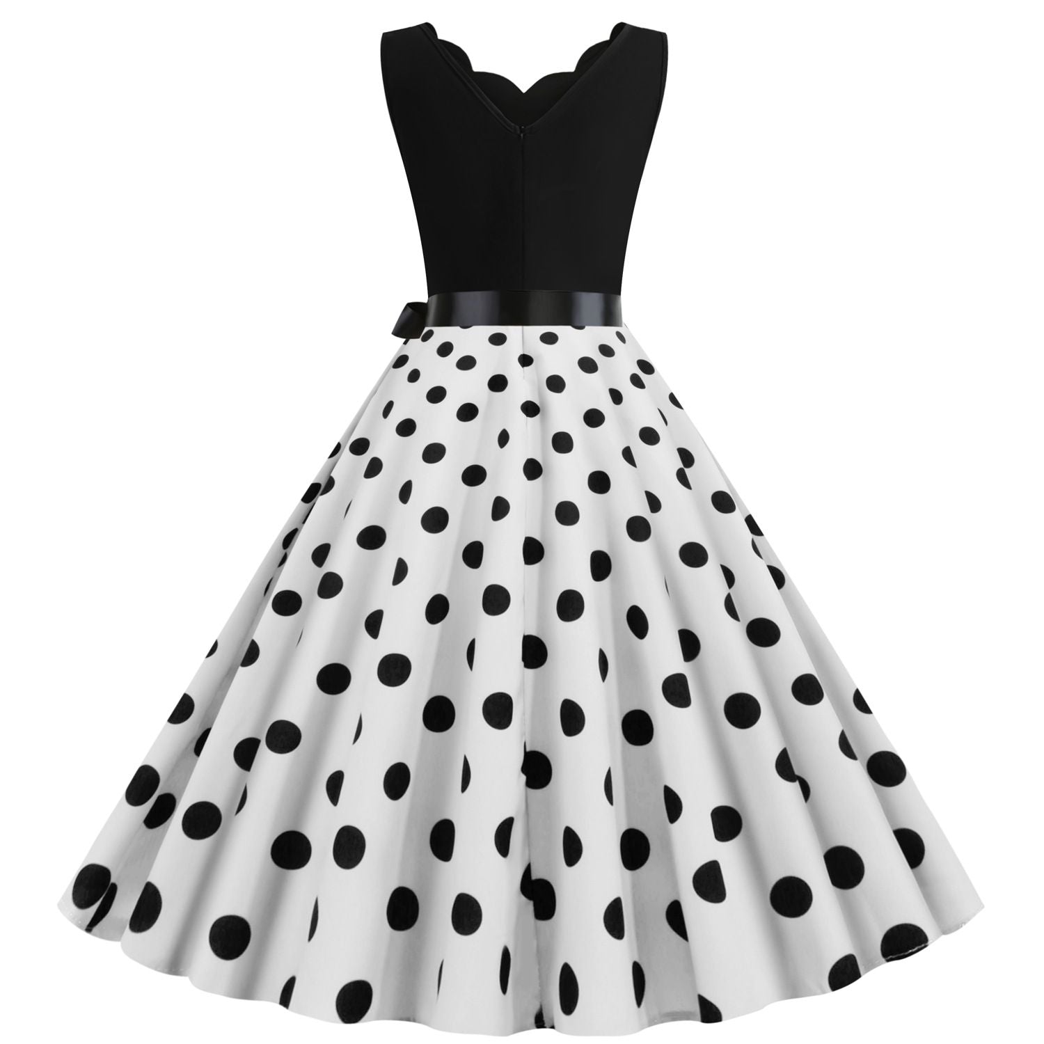 Womens 1950s Polka Dot Summer Dress Sleeveless V-Neck Elegant Vintage Party Dress White