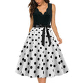 Womens 1950s Polka Dot Summer Dress Sleeveless V-Neck Elegant Vintage Party Dress White