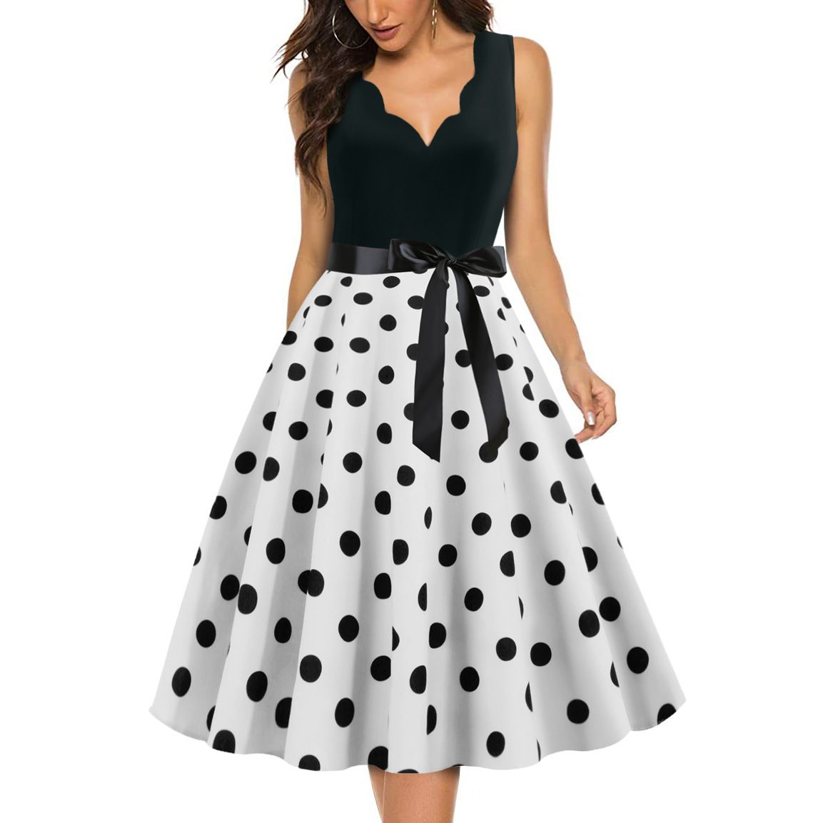 Womens 1950s Polka Dot Summer Dress Sleeveless V-Neck Elegant Vintage Party Dress White