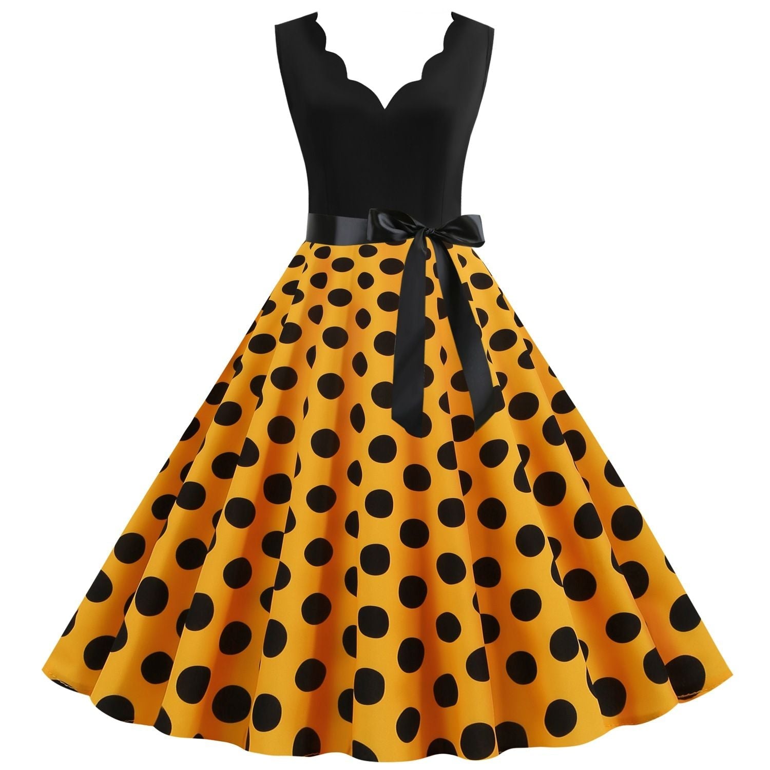 Womens 1950s Polka Dot Summer Dress Sleeveless V-Neck Elegant Vintage Party Dress Yellow