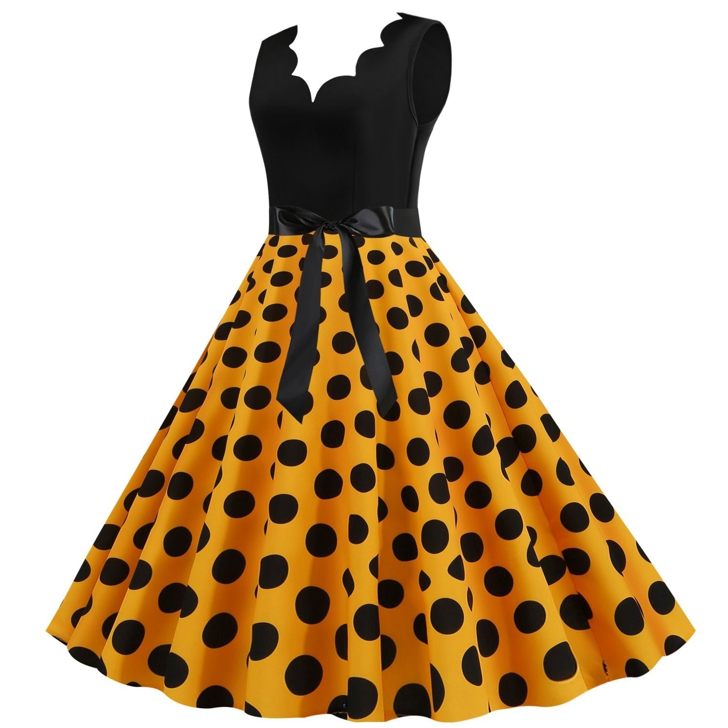 Womens 1950s Polka Dot Summer Dress Sleeveless V-Neck Elegant Vintage Party Dress Yellow