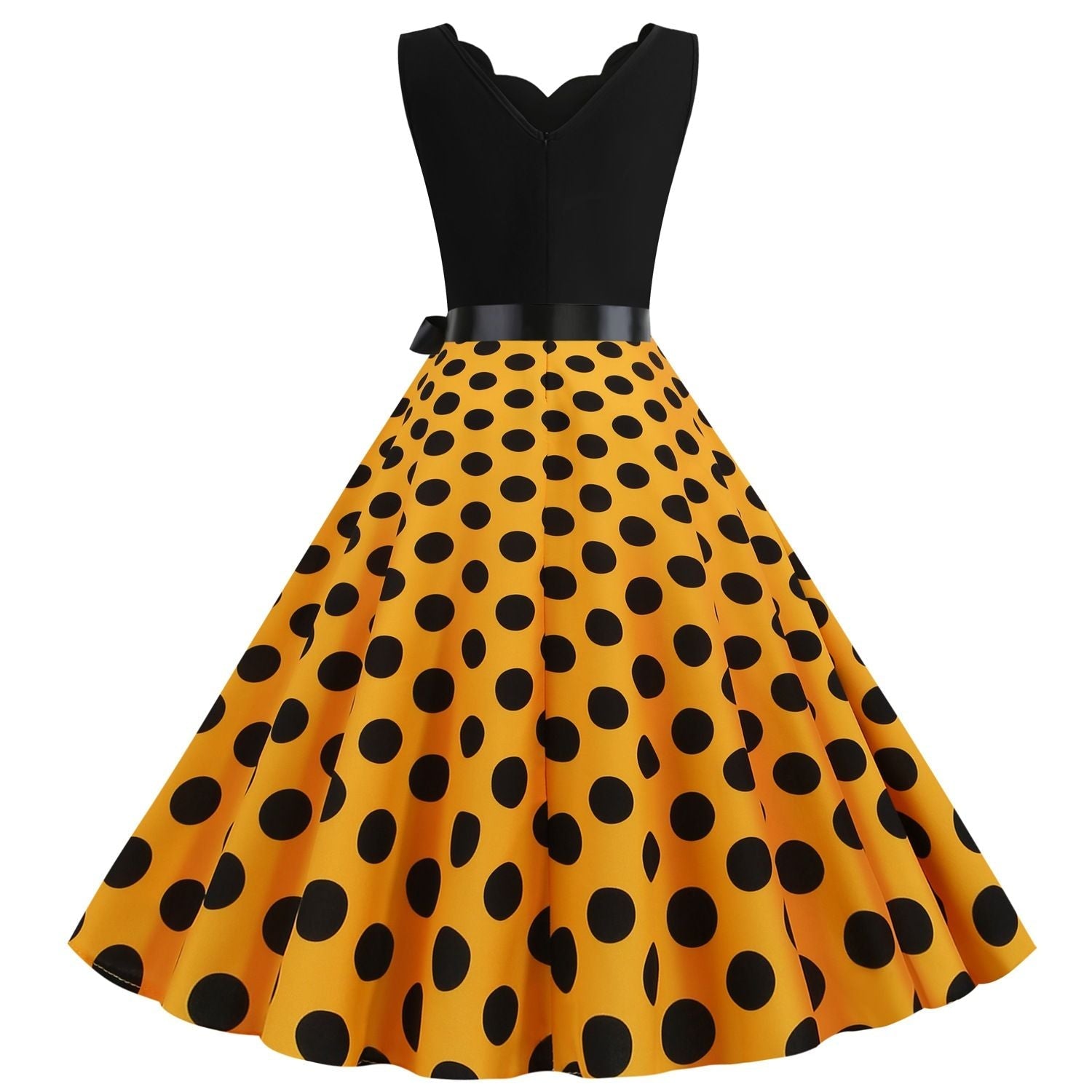 Womens 1950s Polka Dot Summer Dress Sleeveless V-Neck Elegant Vintage Party Dress Yellow
