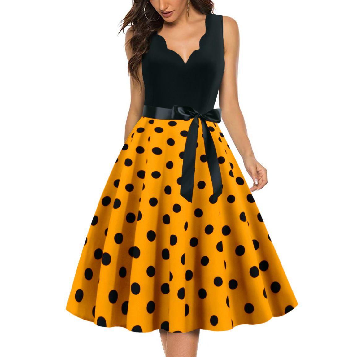 Womens 1950s Polka Dot Summer Dress Sleeveless V-Neck Elegant Vintage Party Dress Yellow