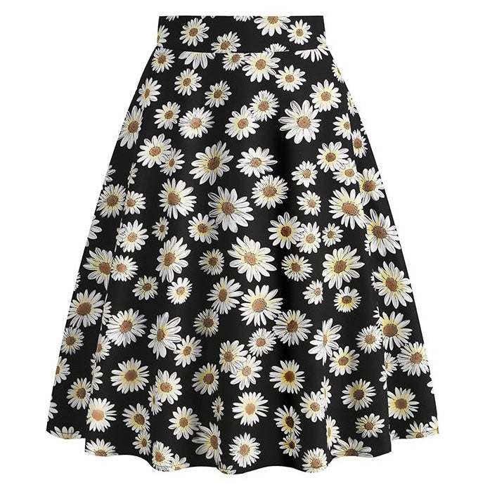 Womens 1950s Retro Lemon Vintage A-line Printed Pleated Flared Midi Skirt Black