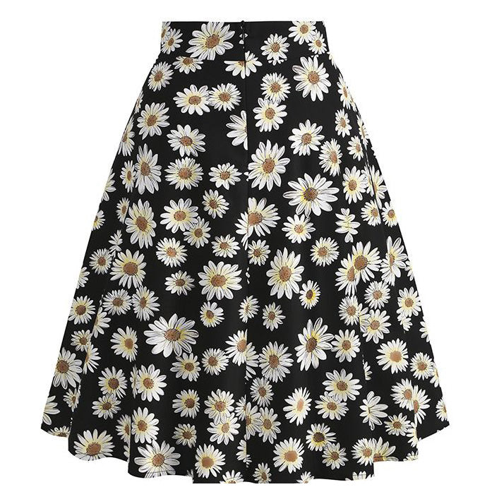 Womens 1950s Retro Lemon Vintage A-line Printed Pleated Flared Midi Skirt Black